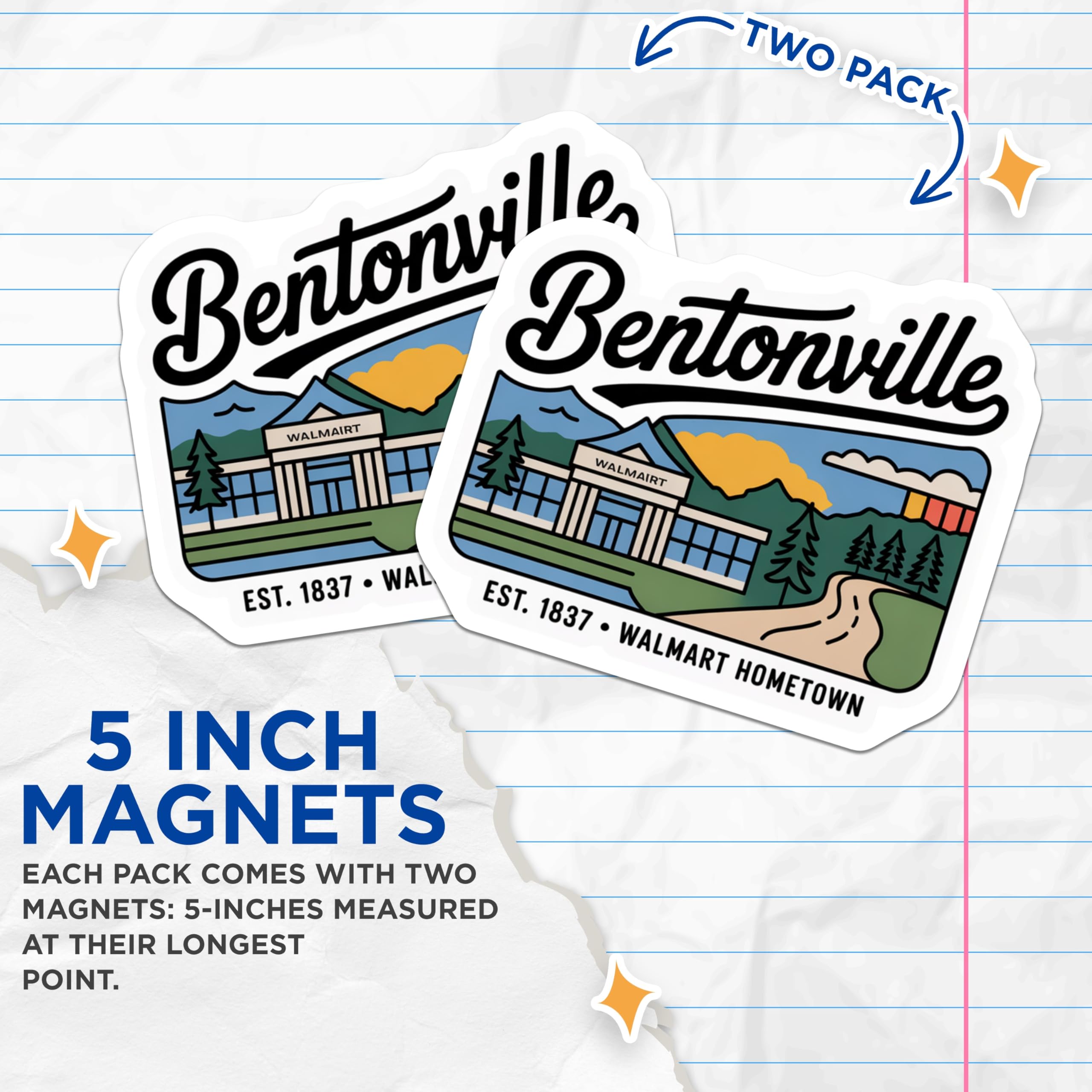 (2 Pack) Bentonville Magnets - Arkansas Hometown - Souvenir Travel Fridge Magnets - 5" On Longest Side - Premium Magnet - for Cars, Refrigerators, Toolboxes, Lockers - Made in USA - MAG17934