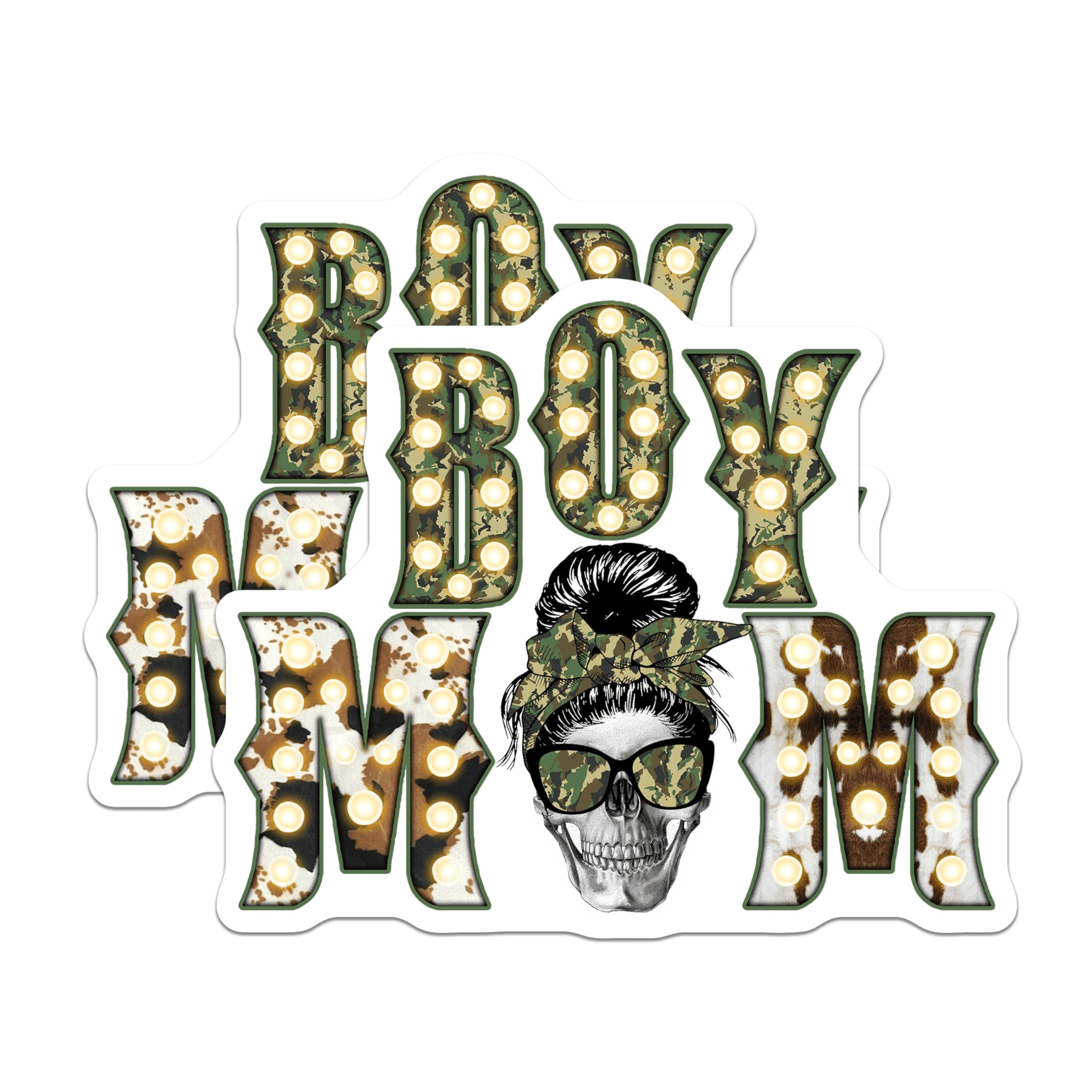 (2 Pack) Boy Mom Magnets - Camouflage Messy Bun Skull - Cow Print Marquee Lights - Fierce Motherhood Vehicle Decor - 5 Inches On Longest Side - Thick Durable Magnet - Made in USA - MAG24051