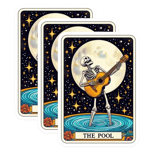 (3 Pack) Skeleton Guitarist Decals - Pool Tarot Card - Laptop Decals - 3 Inches On Longest Side - Easy Peel & Apply - Made in USA - 3MCS4249