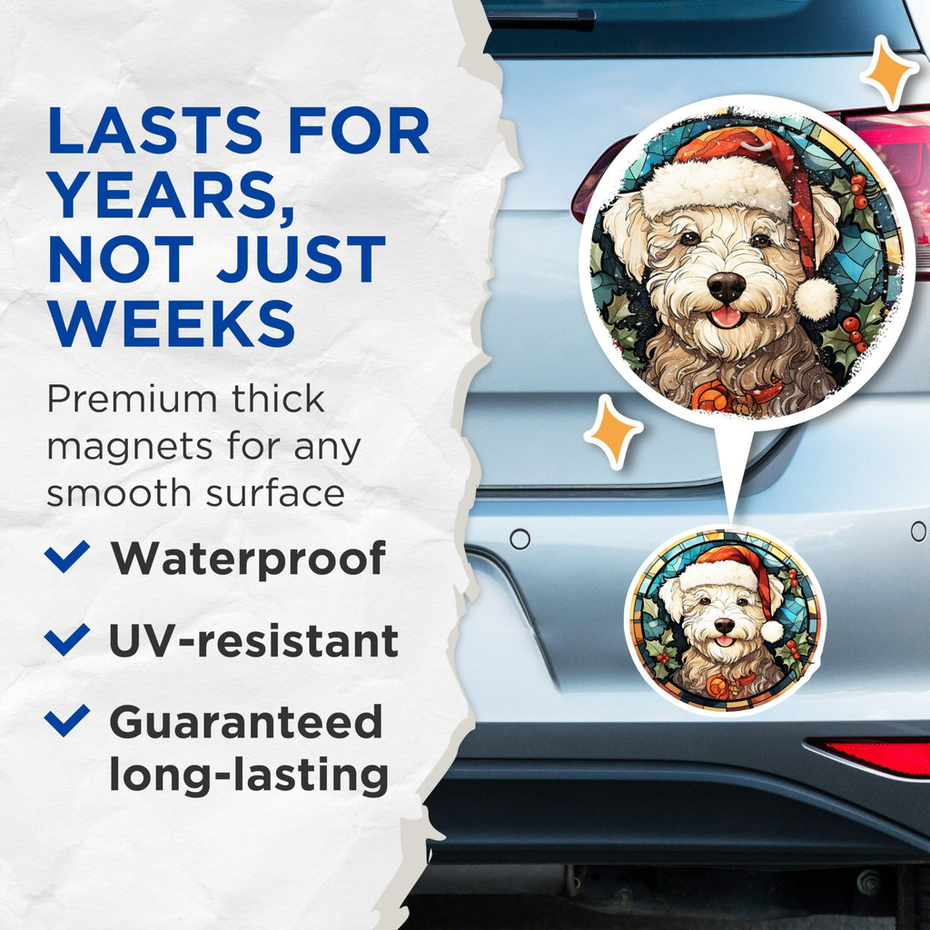 (2 Pack) Christmas Dog Magnets - Santa Goldendoodle Stained Glass Art - Holiday Fridge Pet Decor - 5 Inches On Longest Side - Thick Durable Magnet - Made in USA - MAG26278