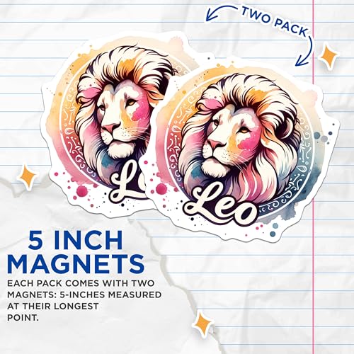 (2 Pack) Leo Horoscope Magnets - Horoscope Astrology Lion Art - Zodiac Sign Decorative Magnets - 5" On Longest Side - for Cars, Fridges, Toolboxes - Made in USA - MAG7079