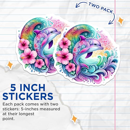 (2 Pack) Dolphin Stickers - Colorful Ocean Animal - Floral Art Design - 5" On Longest Side - Sticks to Smooth Flat Surfaces - Made in USA - BMCS9479