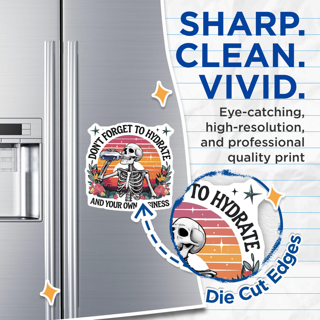 (2 Pack) Don't Forget Hydrate Magnets - Mind Your Own Business Skeleton - Retro Funny Wellness Reminder - 5 Inches On Longest Side - Thick Durable Magnet - Made in USA - MAG20670