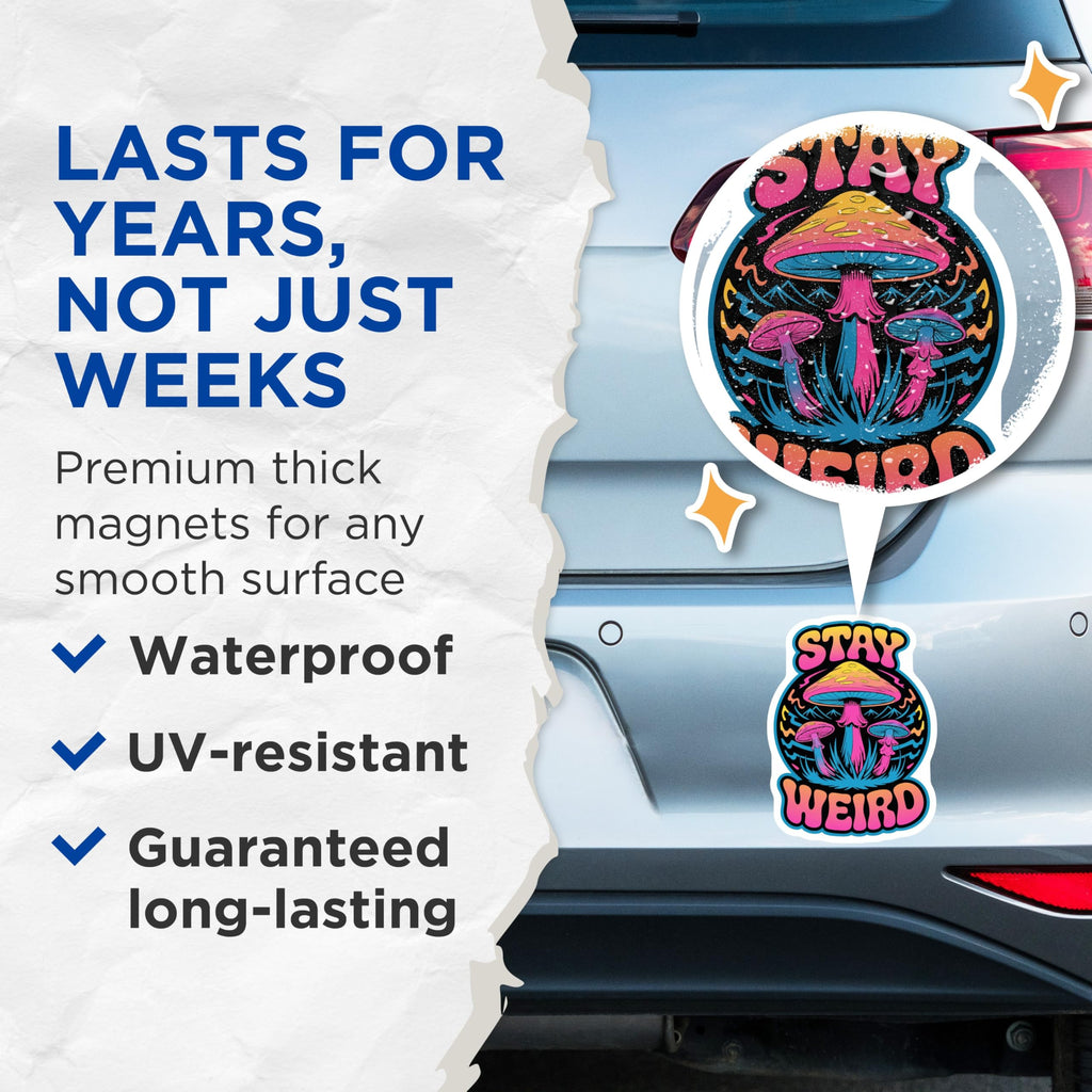 (2 Pack) Stay Weird Magnets - Psychedelic Mushroom Decor - Retro Hippie Fridge Art - 5 Inches On Longest Side - Thick Durable Magnet - Made in USA - MAG22104