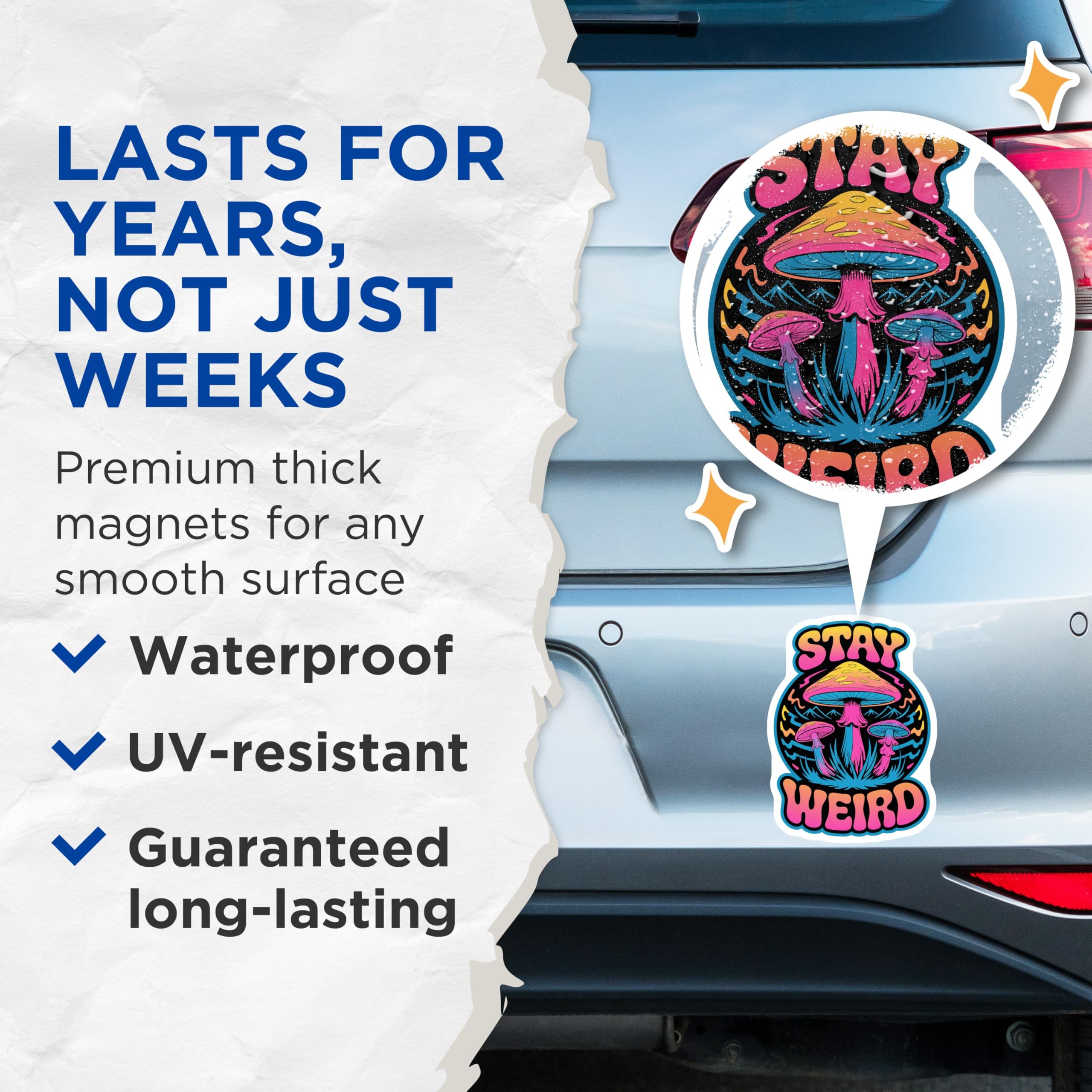 (2 Pack) Stay Weird Magnets - Psychedelic Mushroom Decor - Retro Hippie Fridge Art - 5 Inches On Longest Side - Thick Durable Magnet - Made in USA - MAG22104