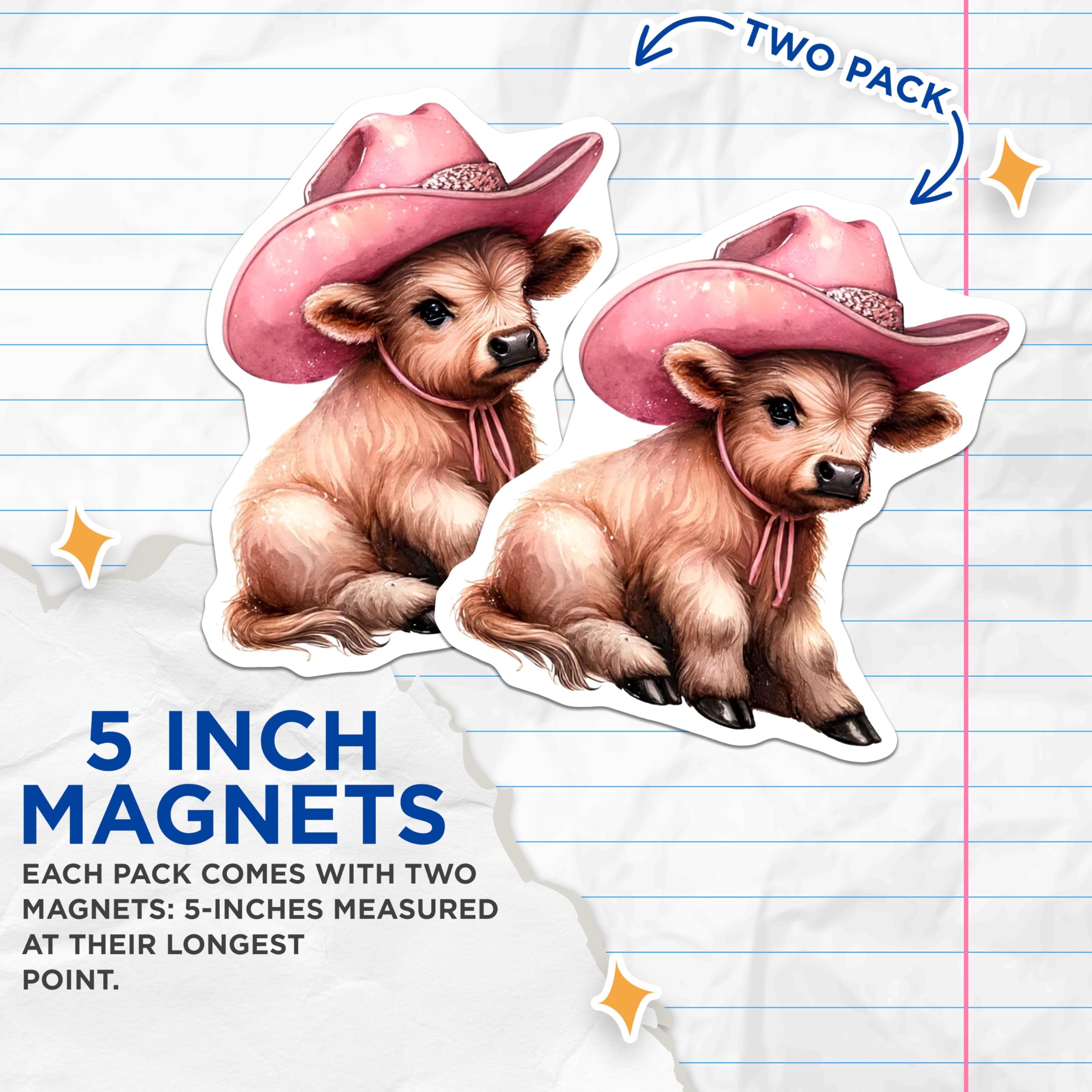 (2 Pack) Cute Baby Cow Magnets - Pink Cowboy Hat Magnets - Farm Animal Magnets - Kids Room Decor Magnets - 5" On Longest Side - for Cars, Refrigerators, Toolboxes, Lockers - Made in USA MAG3612