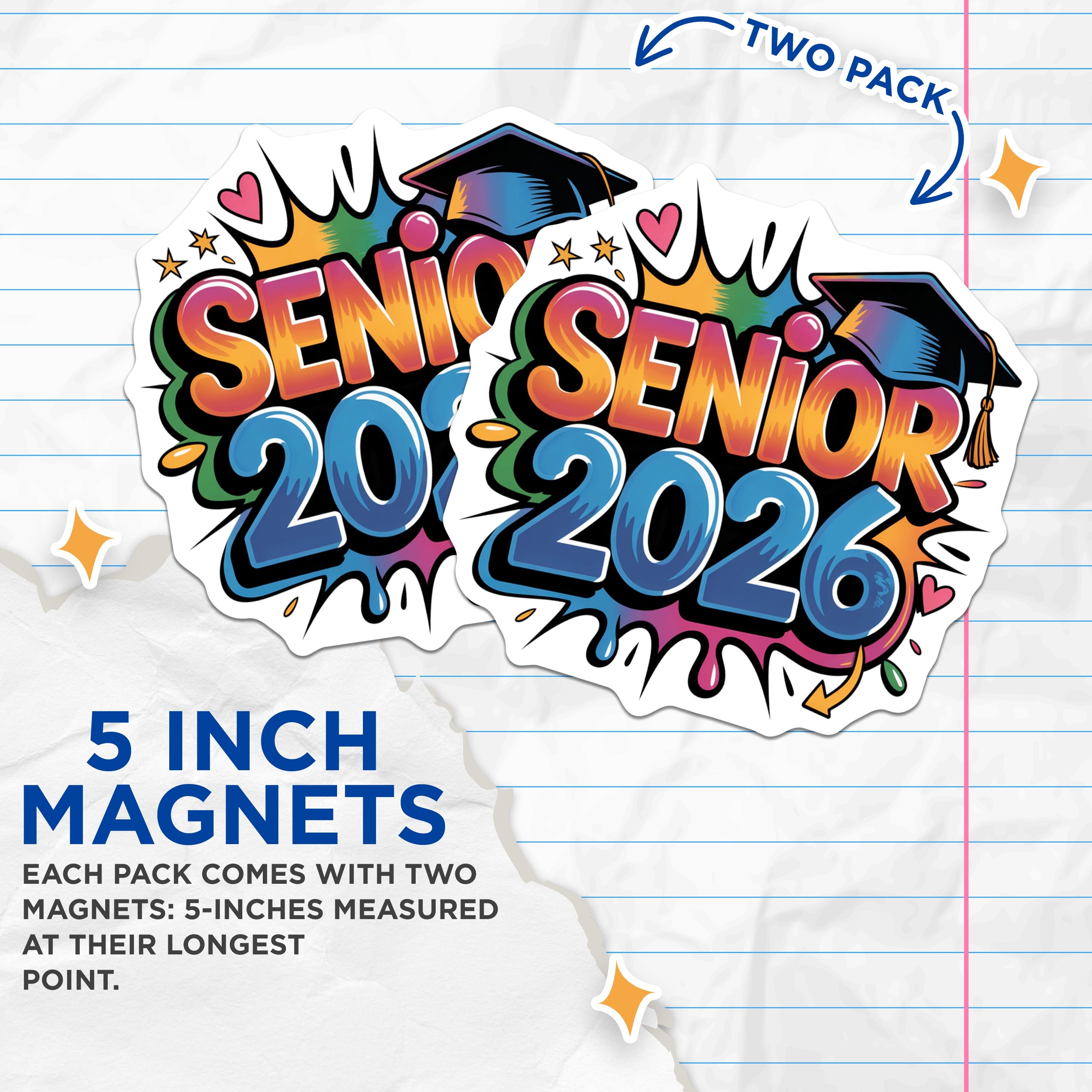 (2 Pack) Senior 2026 Magnets - Class of 2026 Grad Cap Decor - High School College Graduation Celebration - 5 Inches On Longest Side - Thick Durable Magnet - Made in USA - MAG36459