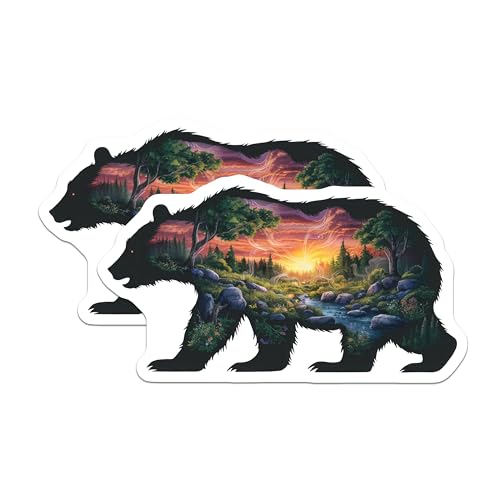 (2 Pack) Bear Silhouette Nature Stickers - Wildlife Art - Scenic Forest Bear Decal - 5" On Longest Side - Sticks to Smooth Flat Surfaces - Made in USA - BMCS6988
