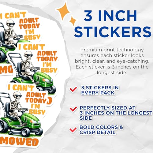(3 Pack) Funny Skeleton Decals - Mowing Lawn - Lawn Mower Stickers - 3 Inches On Longest Side - Easy Peel & Apply - Made in USA - 3MCS8523