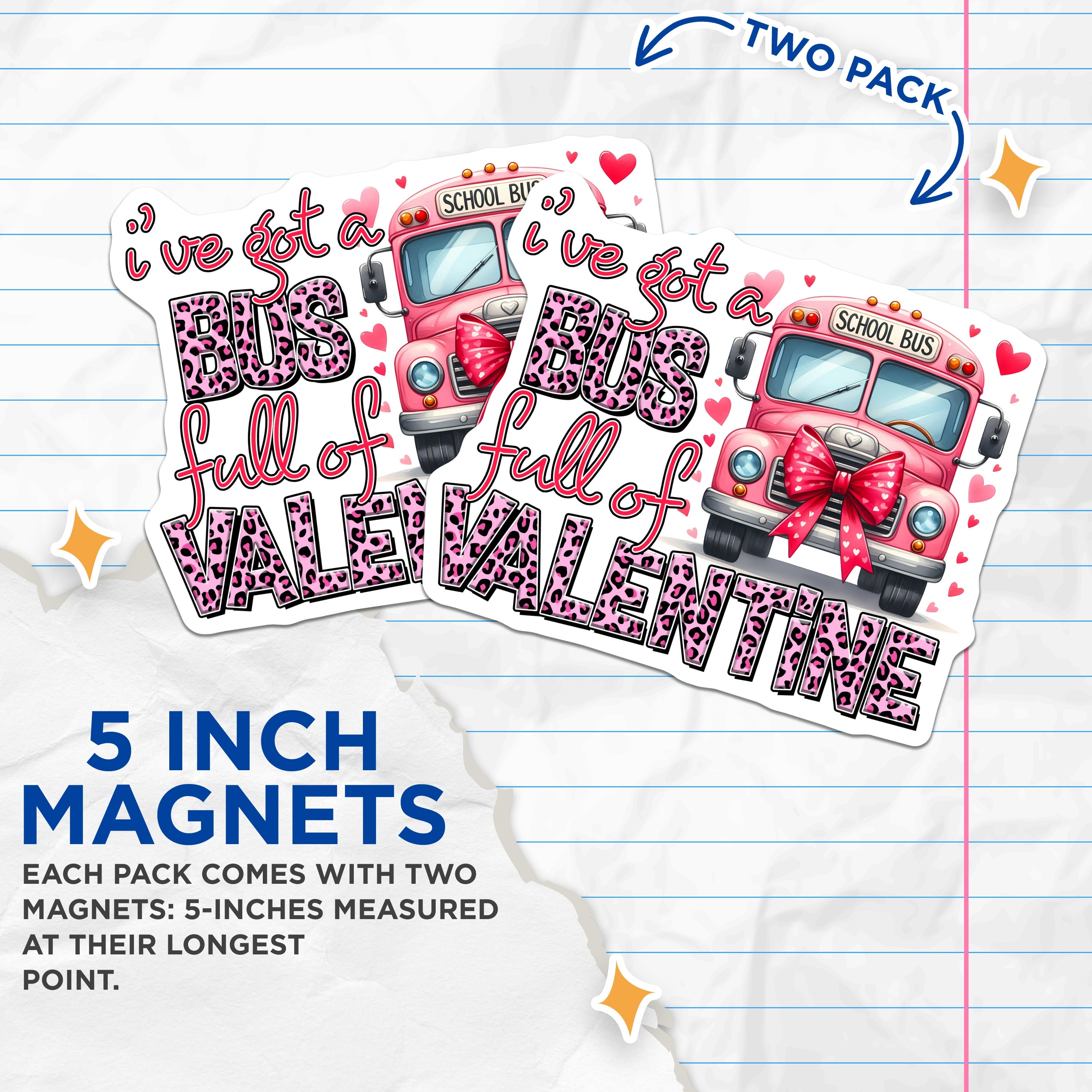 (2 Pack) Valentine School Bus Magnets - Cute Teacher Appreciation Gift - February Classroom Decor - 5 Inches On Longest Side - Thick Durable Magnet - Made in USA - MAG37352