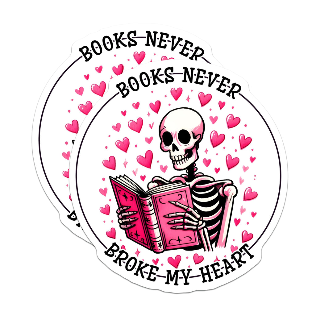(2 Pack) Book Lover Stickers - Books Never Broke My Heart - Skeleton Reading Sticker - Pink Heart Stickers - 5" On Longest Side - Sticks to Smooth Flat Surfaces - Made in USA - BMCS9775
