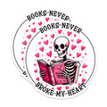 (2 Pack) Book Lover Stickers - Books Never Broke My Heart - Skeleton Reading Sticker - Pink Heart Stickers - 5" On Longest Side - Sticks to Smooth Flat Surfaces - Made in USA - BMCS9775
