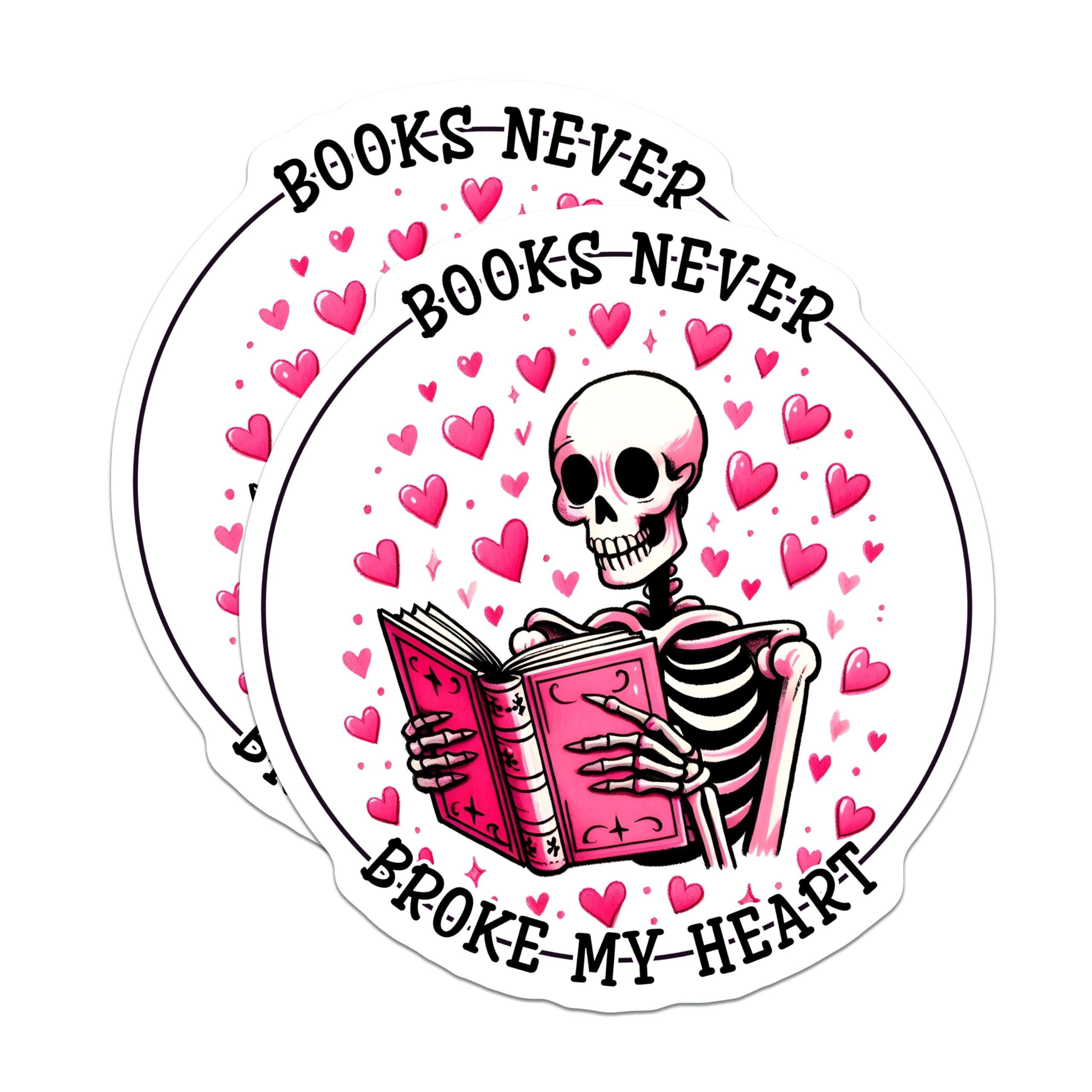 (2 Pack) Book Lover Stickers - Books Never Broke My Heart - Skeleton Reading Sticker - Pink Heart Stickers - 5" On Longest Side - Sticks to Smooth Flat Surfaces - Made in USA - BMCS9775