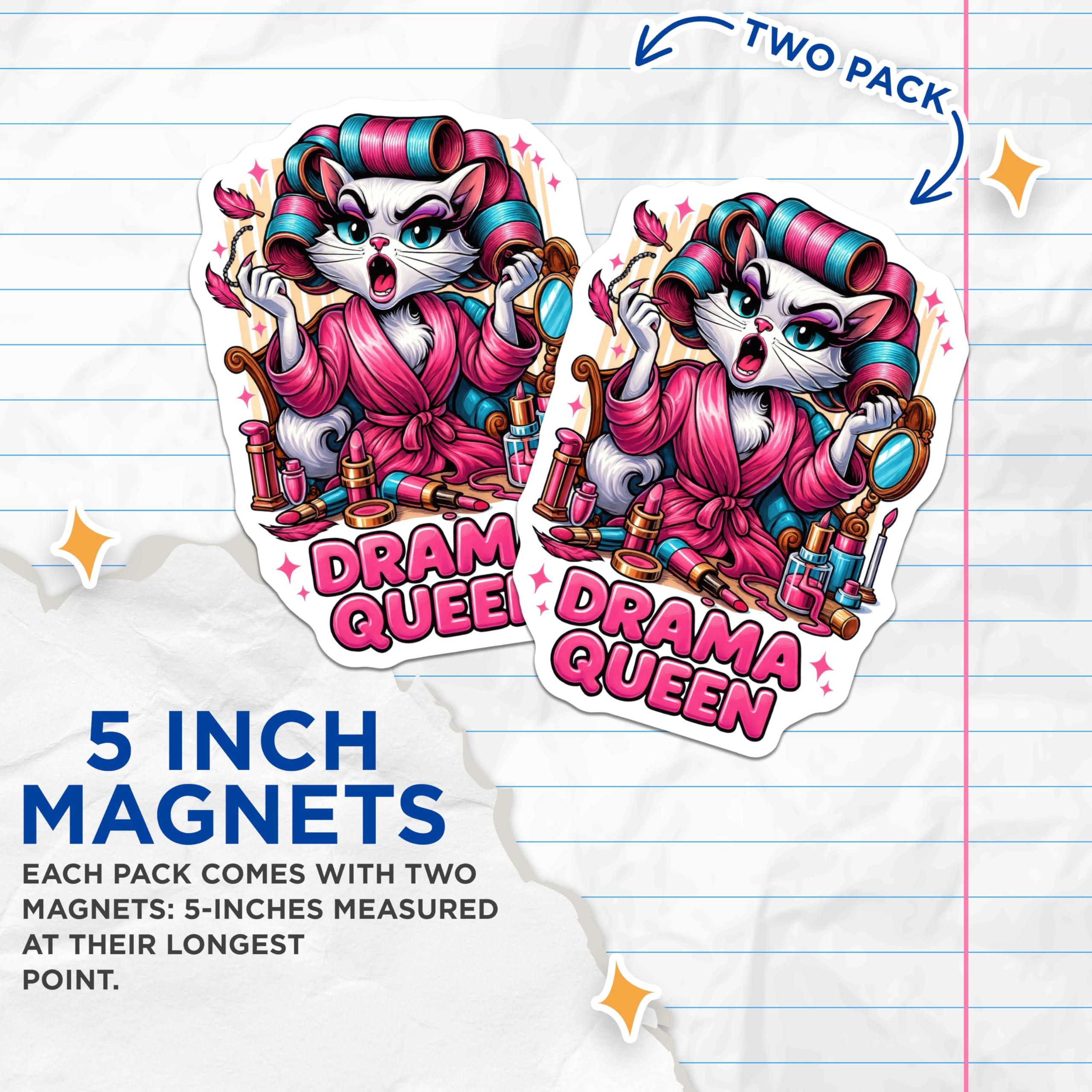 (2 Pack) Drama Queen Cat Magnets - Sassy Kitty Refrigerator Art - Funny Animal Diva Decor - Makeup Vanity Cat Lover Accessory - 5 Inches On Longest Side - Thick Durable Magnet - Made in USA - MAG21656