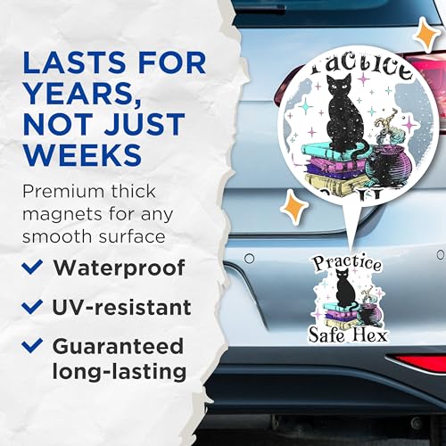 (2 Packs) Practice Safe Hex Magnets - Funny Witchy Vibes Black Cat Magnets - 5 Inches On Longest Side - Premium Magnet - for Fridges, Toolboxes, Cars - Made in USA - MAG2514