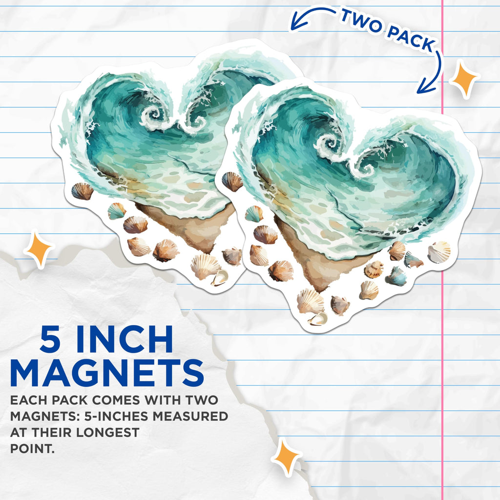 (2 Pack) Ocean Wave Heart Magnets - Coastal Beach Home Decor - Seashell Summer Refrigerator Art - 5 Inches On Longest Side - Thick Durable Magnet - Made in USA - MAG19728