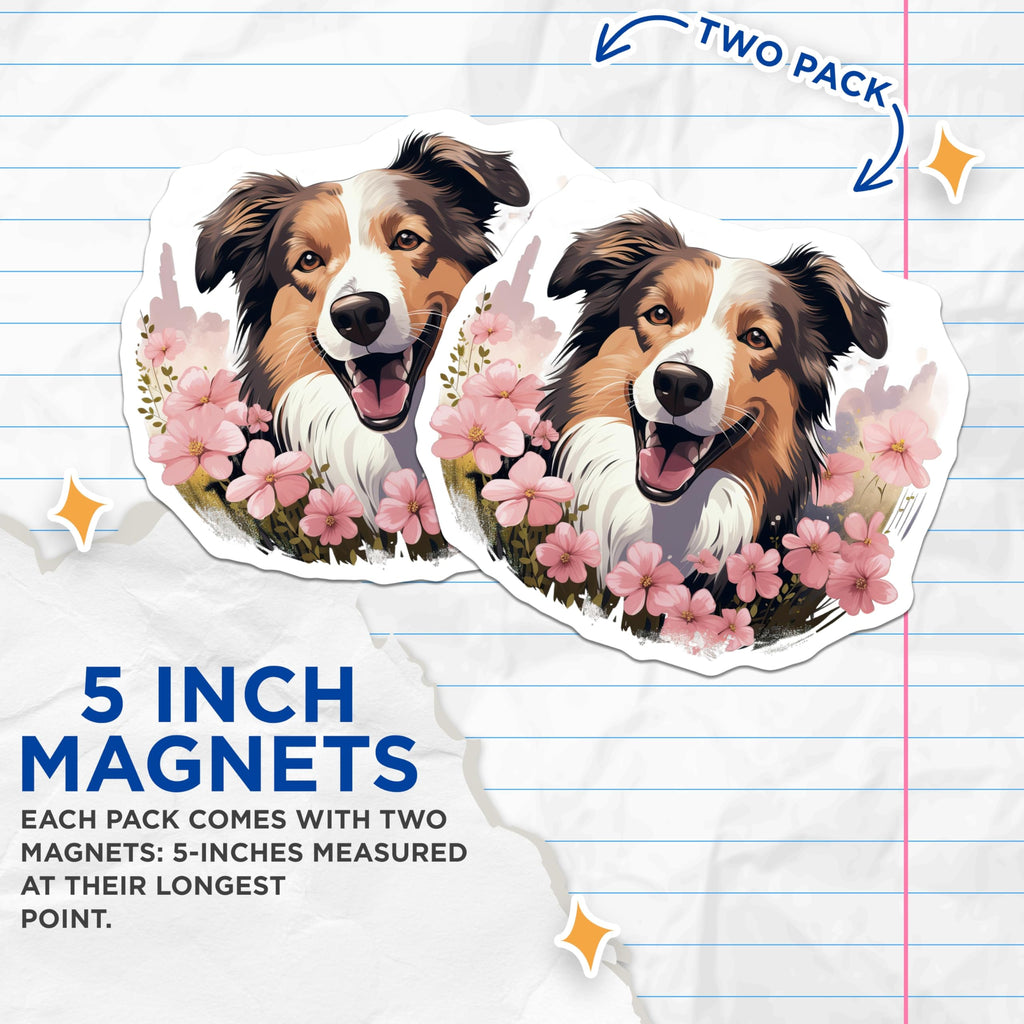 (2 Pack) Australian Shepherd Magnets - Floral Dog Fridge Decor - Happy Pet Lover Art - 5 Inches On Longest Side - Thick Durable Magnet - Made in USA - MAG29577