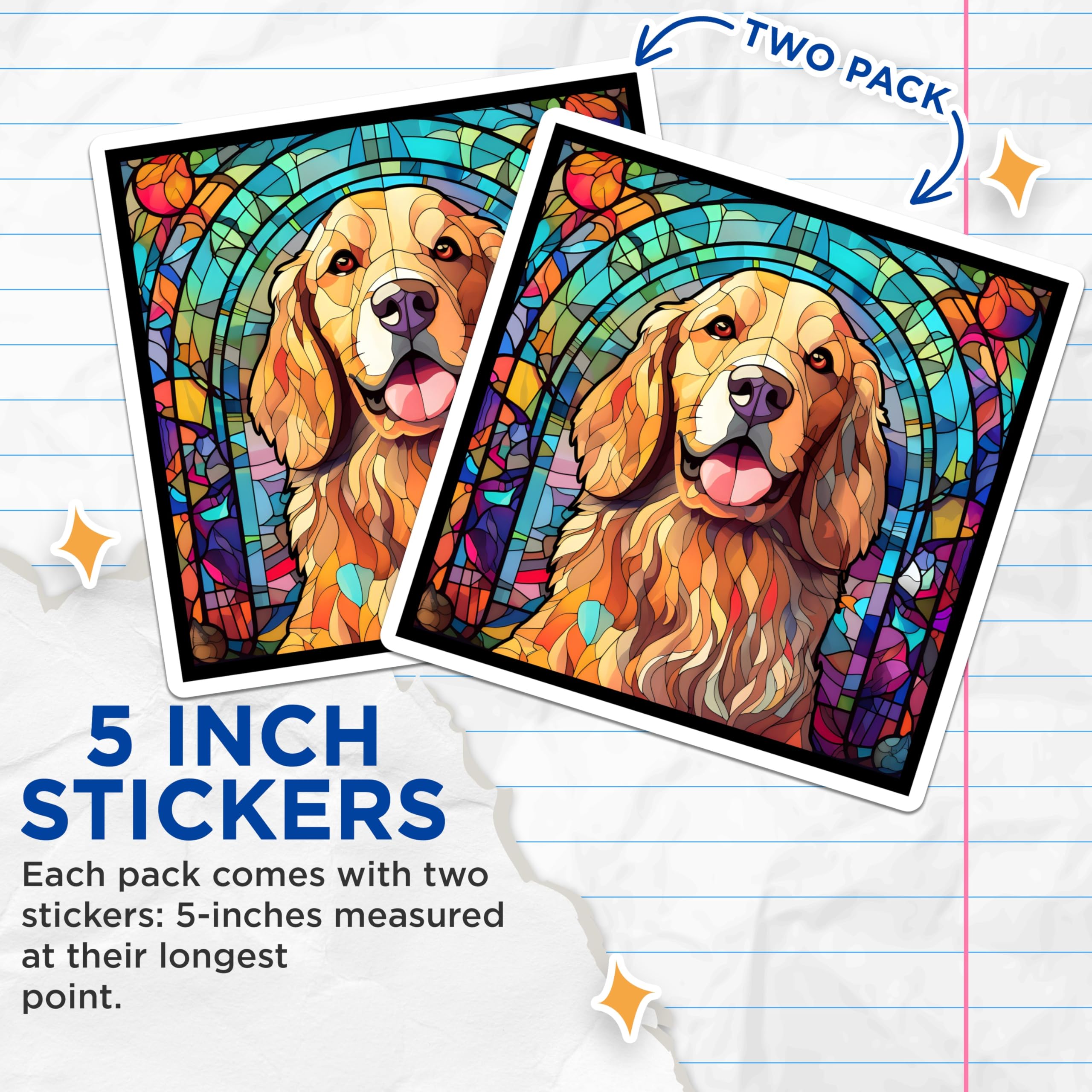 (2 Pack) Golden Retriever Stickers - Stained Glass Dog Art - Colorful Dog Breed Decals - 5" On Longest Side - Sticks to Smooth Flat Surfaces - Made in USA - BMCS14972