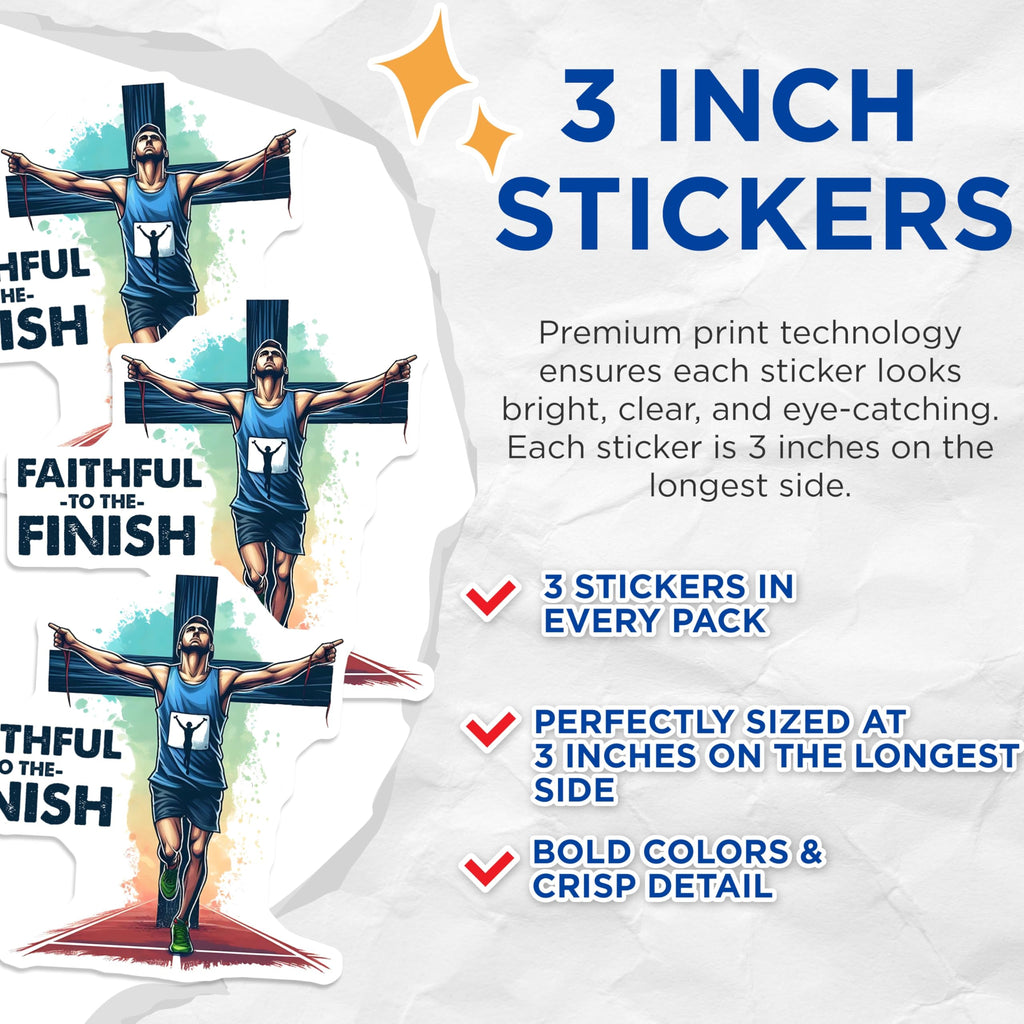 (3 Pack) Marathon Runner Decals - Christian Athlete Stickers - Faith to Finish Line Decals - 3 Inches On Longest Side - Easy Peel & Apply - Made in USA - 3MCS8403