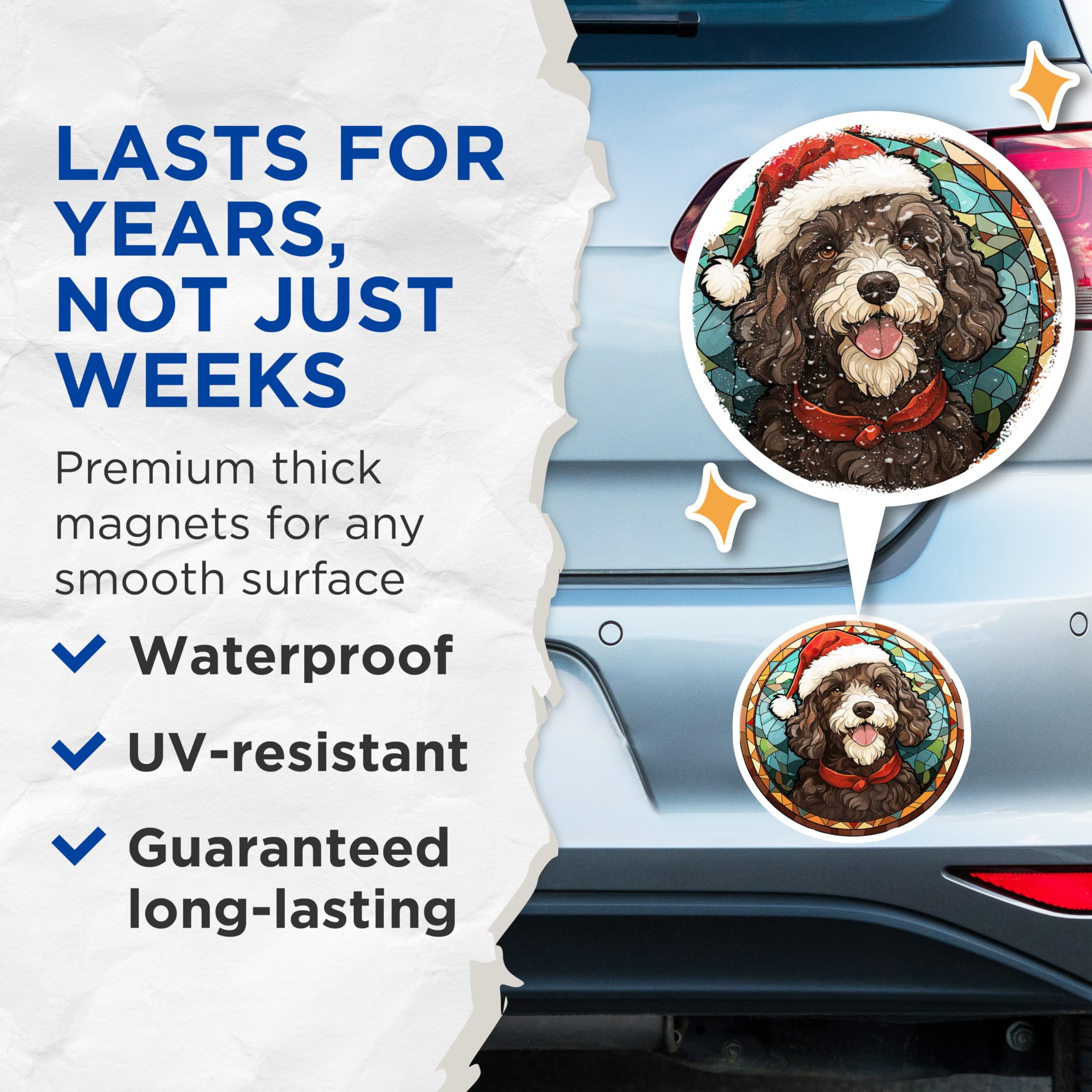 (2 Pack) Christmas Water Dog Magnets - Stained Glass Pet Art - Holiday Kitchen Accent - 5 Inches On Longest Side - Thick Durable Magnet - Made in USA - MAG23891