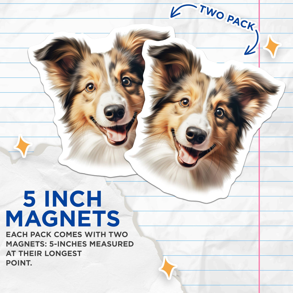 (2 Pack) Happy Sheltie Dog Magnets - Cute Collie Lover Decor - Pet Parent Refrigerator Adornment for Dog Moms Dads - 5 Inches On Longest Side - Thick Durable Magnet - Made in USA - MAG28976