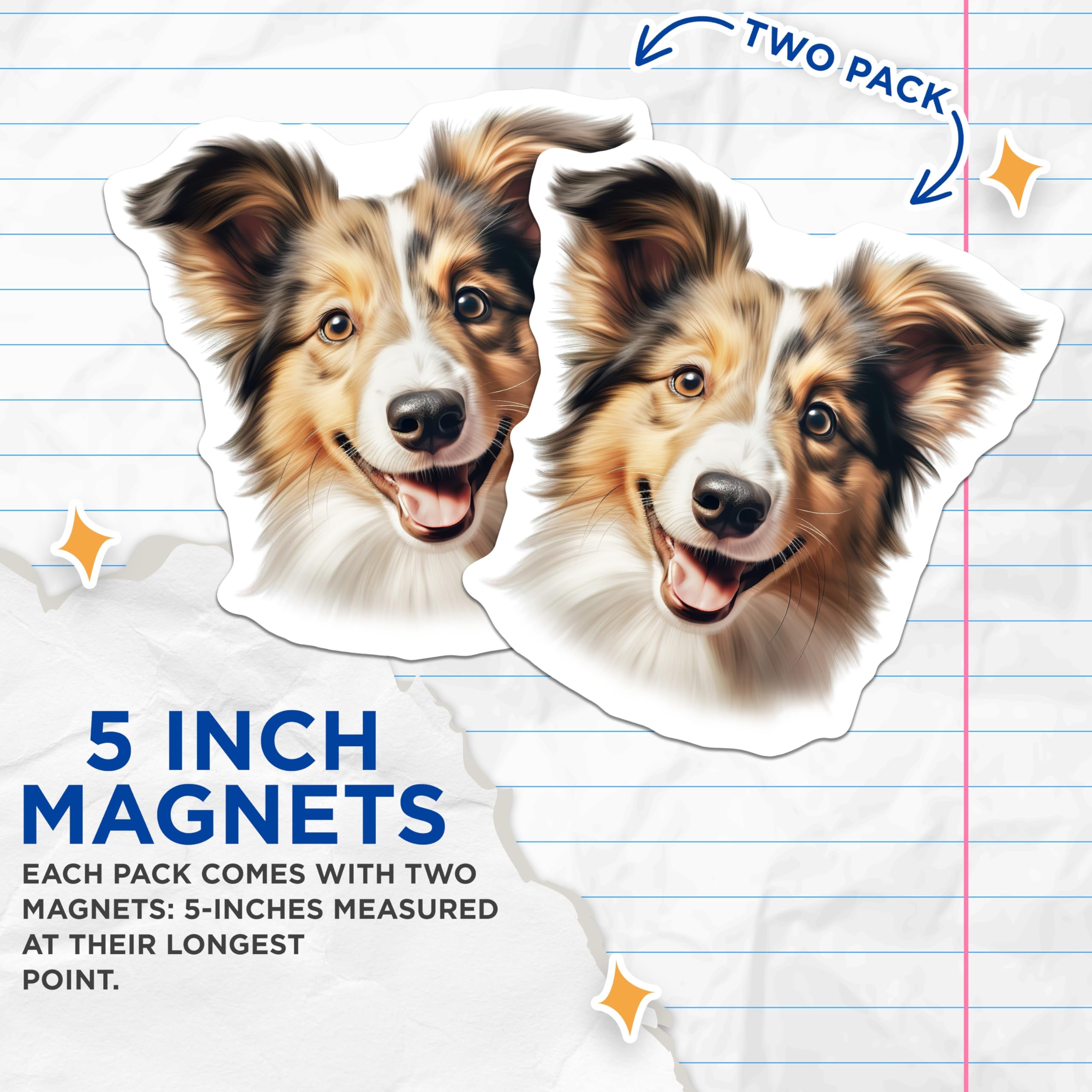 (2 Pack) Happy Sheltie Dog Magnets - Cute Collie Lover Decor - Pet Parent Refrigerator Adornment for Dog Moms Dads - 5 Inches On Longest Side - Thick Durable Magnet - Made in USA - MAG28976
