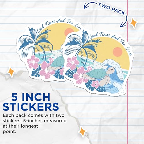 (2 Pack) Good Times and Tan Lines Stickers - Turtle Beach Design - Tropical Vibes Decor - 5" On Longest Side - Sticks to Smooth Flat Surfaces - Made in USA - BMCS5931