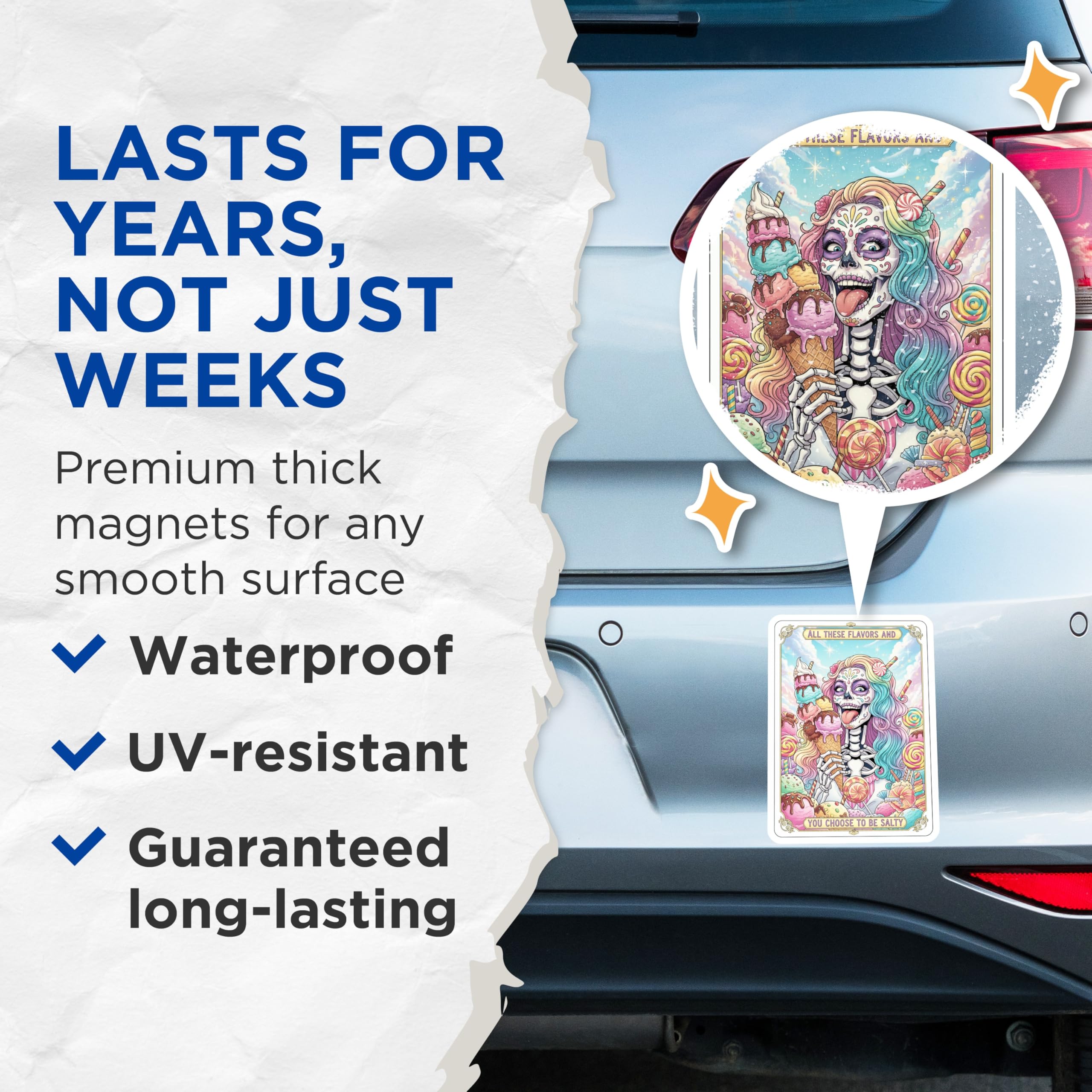 (2 Pack) Sugar Skull Magnets - Ice Cream Candy - Day of The Dead Decor - 5" On Longest Side - Premium Magnet - for Cars, Refrigerators, Toolboxes, Lockers - Made in USA - MAG14722