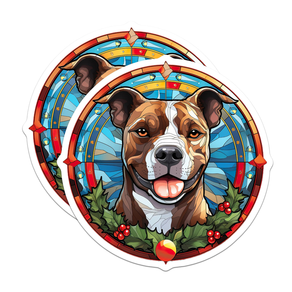 (2 Pack) Stained Glass Pitbull Dog Magnets - Festive Christmas Holiday Pet Art Decor - Amstaff Lover Fridge Accessories - 5 Inches On Longest Side - Thick Durable Magnet - Made in USA - MAG24395