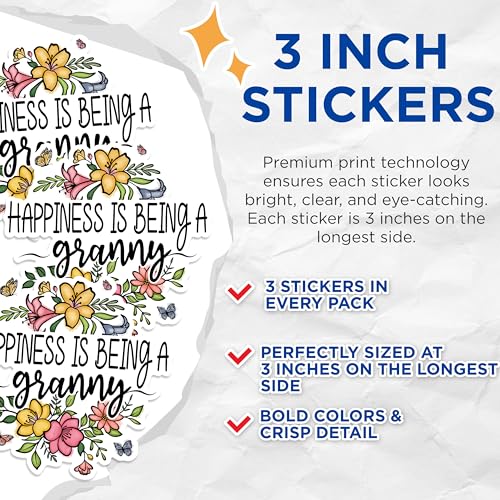 (3 Pack) Granny Decals - Happiness is Being A Granny - Floral Granny Decals - 3 Inches On Longest Side - Easy Peel & Apply - Made in USA - 3MCS1738