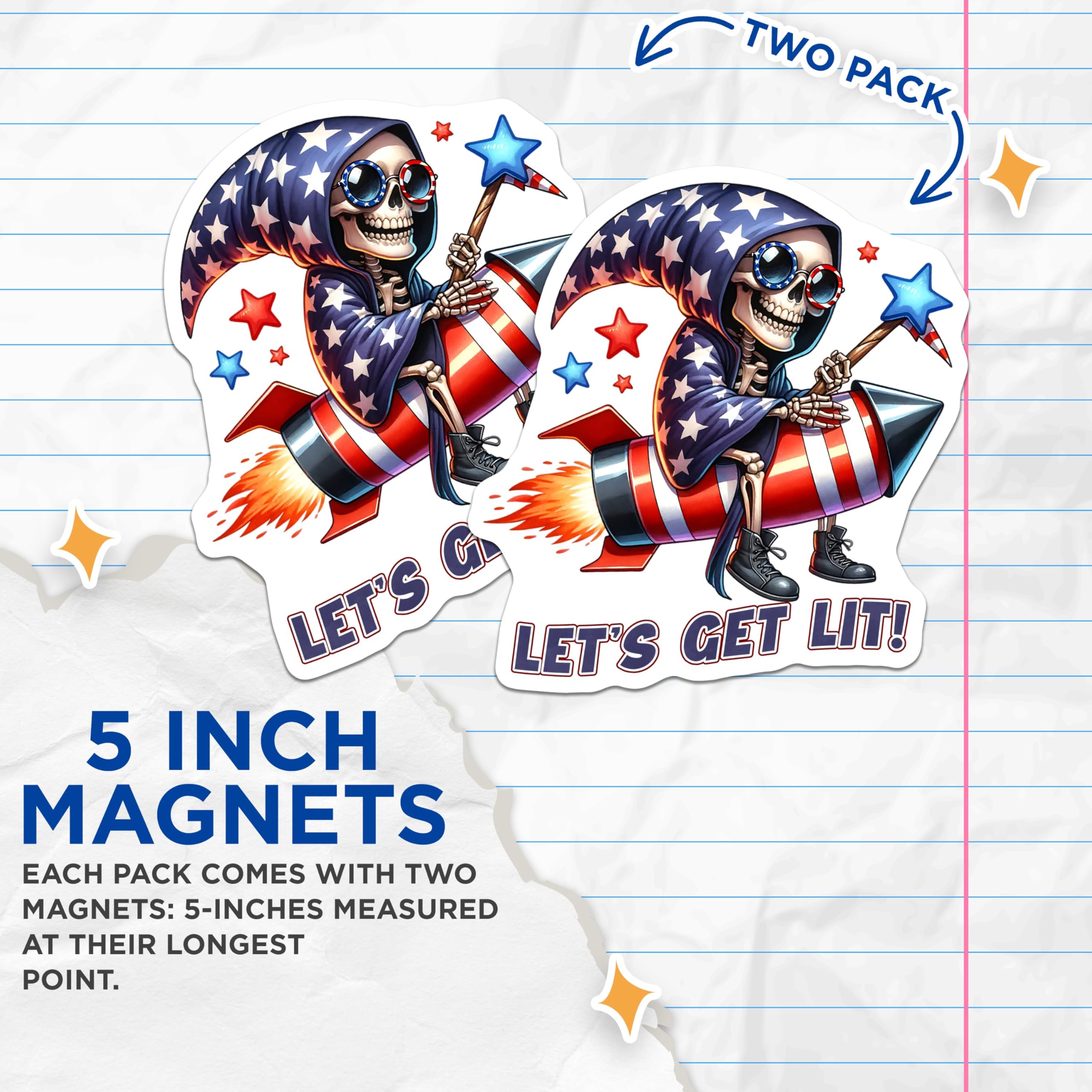 (2 Pack) Let's Get Lit Magnets - Humorous Skeleton Artwork - Rocket Ride Home Decor - Patriotic Skeleton Rocket - 5" On Longest Side - for Cars, Fridges, Toolboxes - Made in USA - MAG7927
