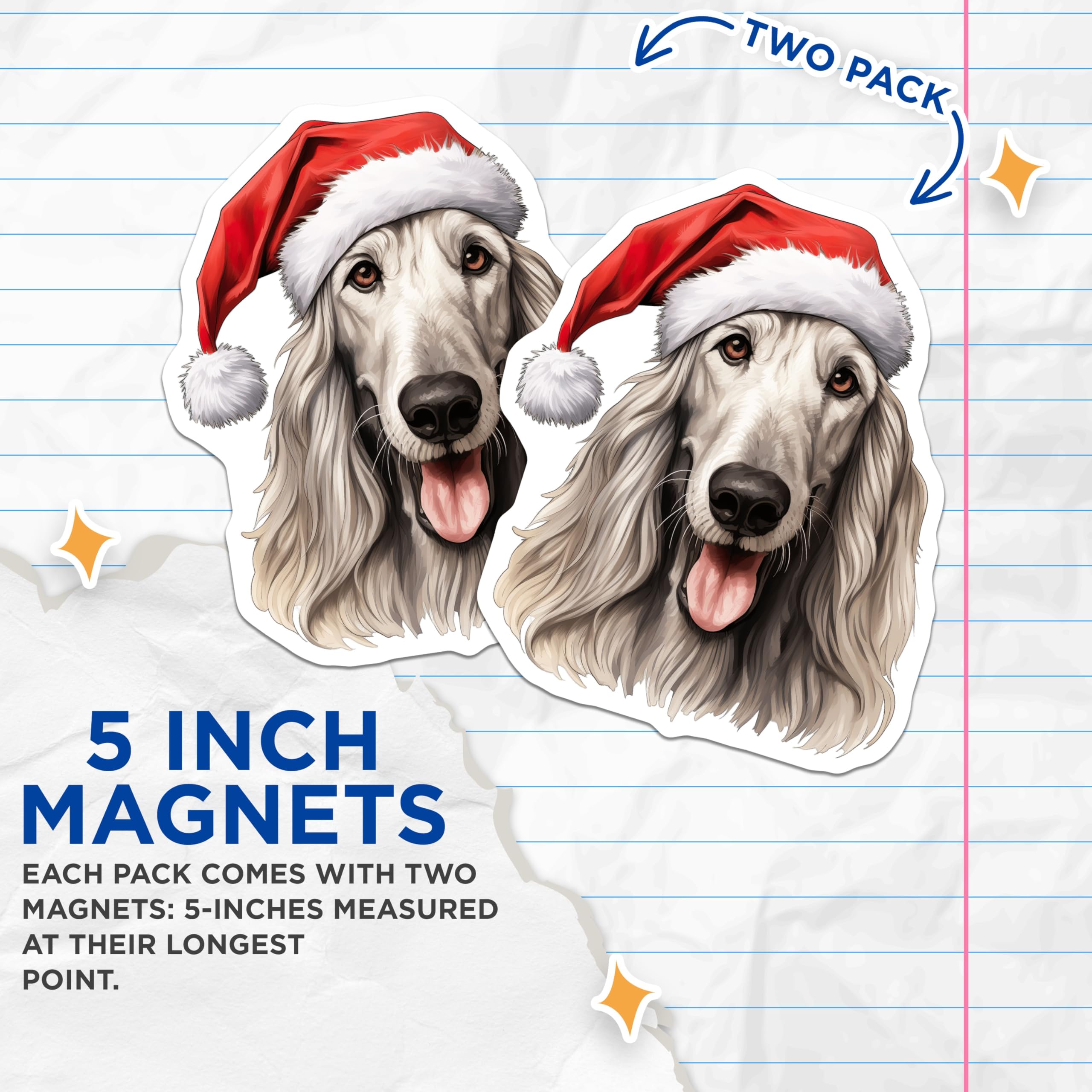 (2 Pack) Afghan Hound Christmas Magnets - Santa Hat Dog Decor - Holiday Pet Owner Present - 5 Inches On Longest Side - Thick Durable Magnet - Made in USA - MAG30807