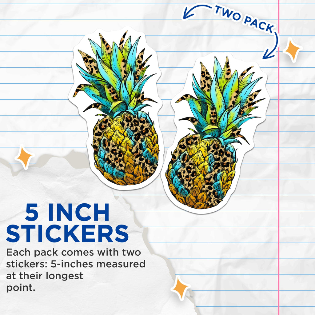 (2 Pack) Leopard Pineapple Stickers - Tropical Fruit Decals - Exotic Pattern Stickers- 5" On Longest Side - Sticks to Smooth Flat Surfaces - Made in USA - BMCS16523