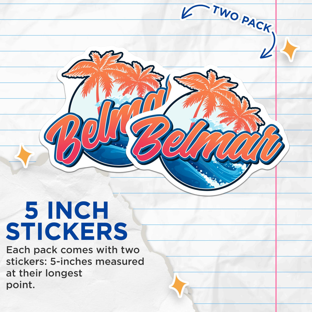 (2 Pack) Belmar New Jersey Stickers - Beach Town Decals - Palm Tree NJ Souvenir - 5" On Longest Side - Sticks to Smooth Flat Surfaces - Made in USA - BMCS18958