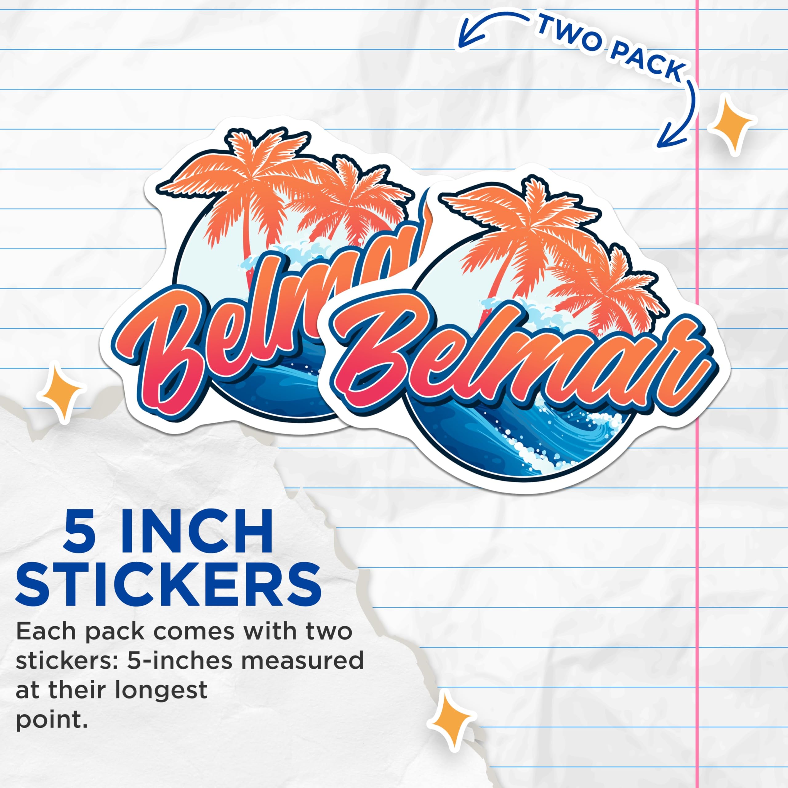 (2 Pack) Belmar New Jersey Stickers - Beach Town Decals - Palm Tree NJ Souvenir - 5" On Longest Side - Sticks to Smooth Flat Surfaces - Made in USA - BMCS18958