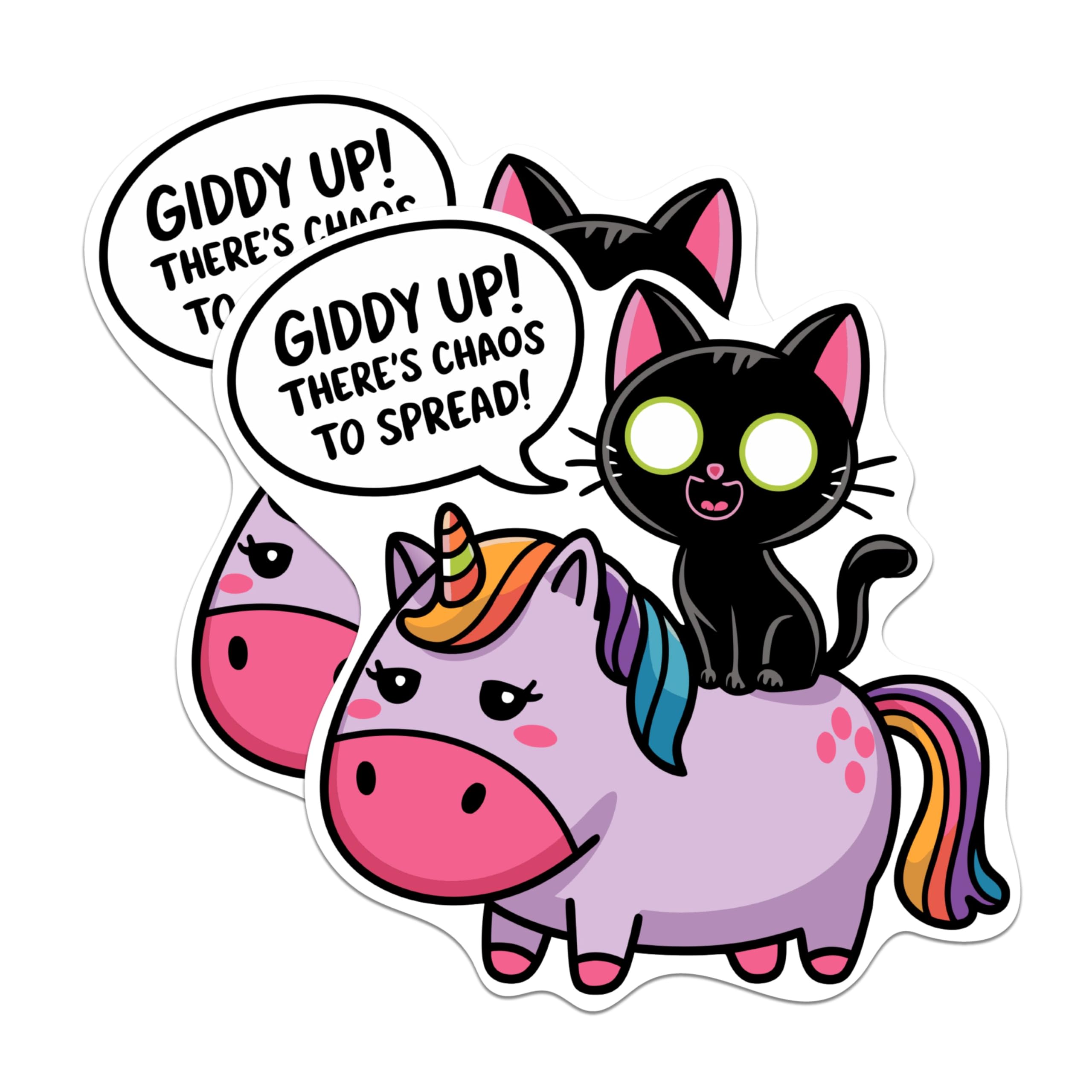 (2 Pack) Giddy Up! There's Chaos to Spread! Funny Cat Riding Unicorn Magnets - 5 Inches On Longest Side - Premium Magnet - for Cars, Refrigerators, Toolboxes - Made in USA - MAG2102