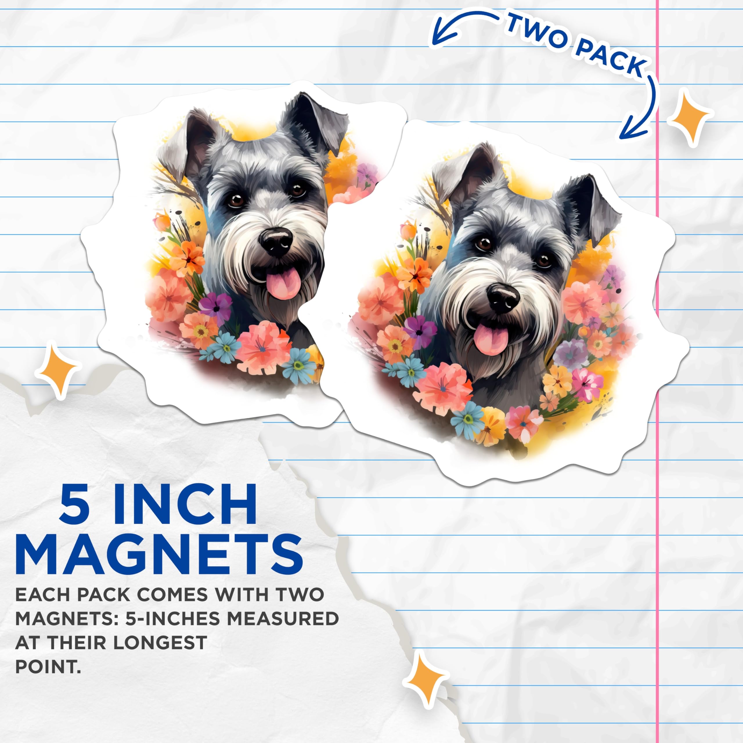 (2 Pack) Schnauzer Dog Breed Magnets - Whimsical Floral Refrigerator Decor - Animal Lover Art Accessories - 5 Inches On Longest Side - Thick Durable Magnet - Made in USA - MAG29056