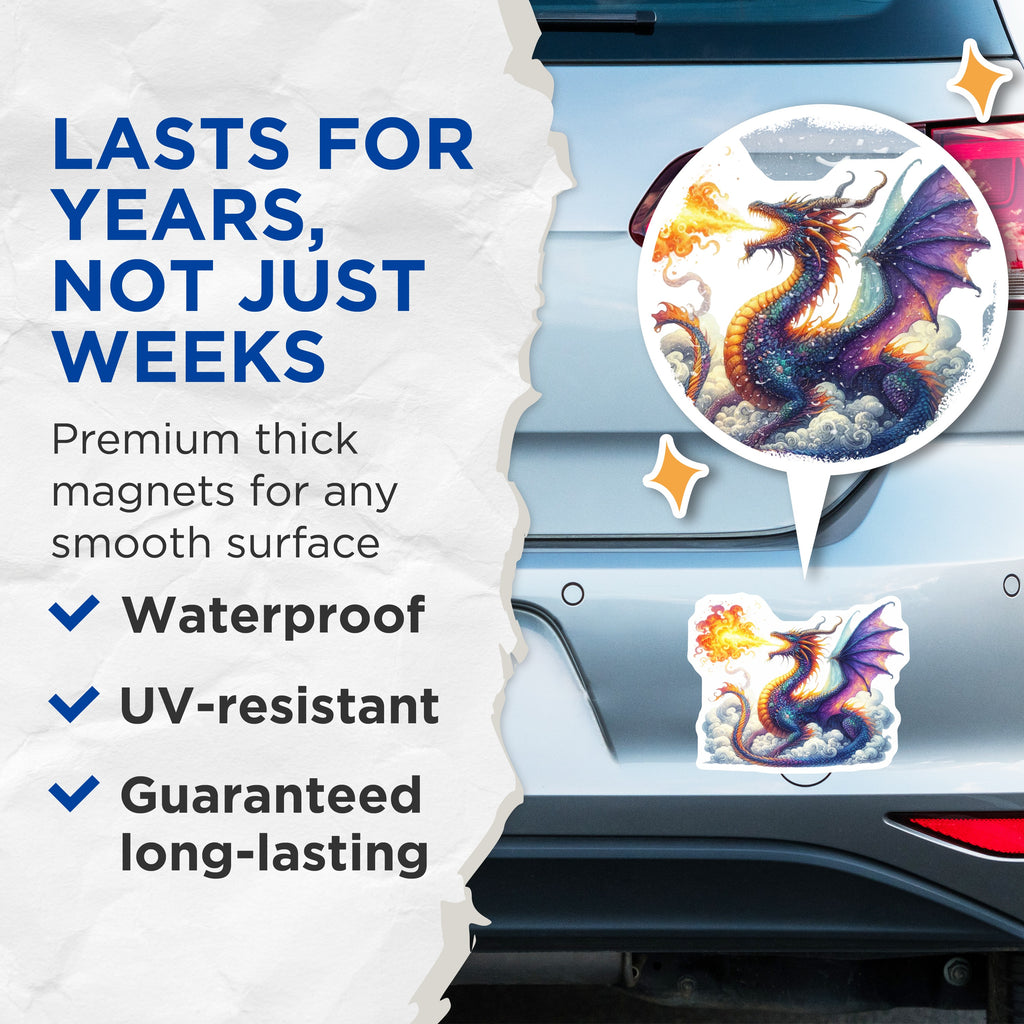 (2 Pack) Fire Breathing Dragon Magnets - Fantasy Creature Art - Mythical Beast Decor for Fridge - 5 Inches On Longest Side - Thick Durable Magnet - Made in USA - MAG38102