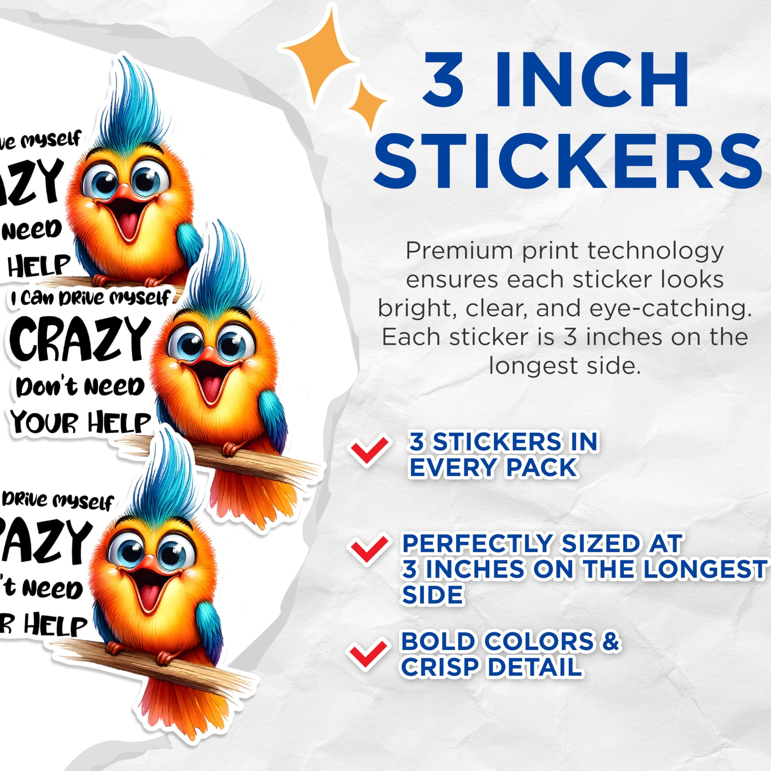 (3 Pack) Crazy Bird Decals - Funny Animal Decal - Laptop Decal - 3 Inches On Longest Side - Easy Peel & Apply - Made in USA - 3MCS1712