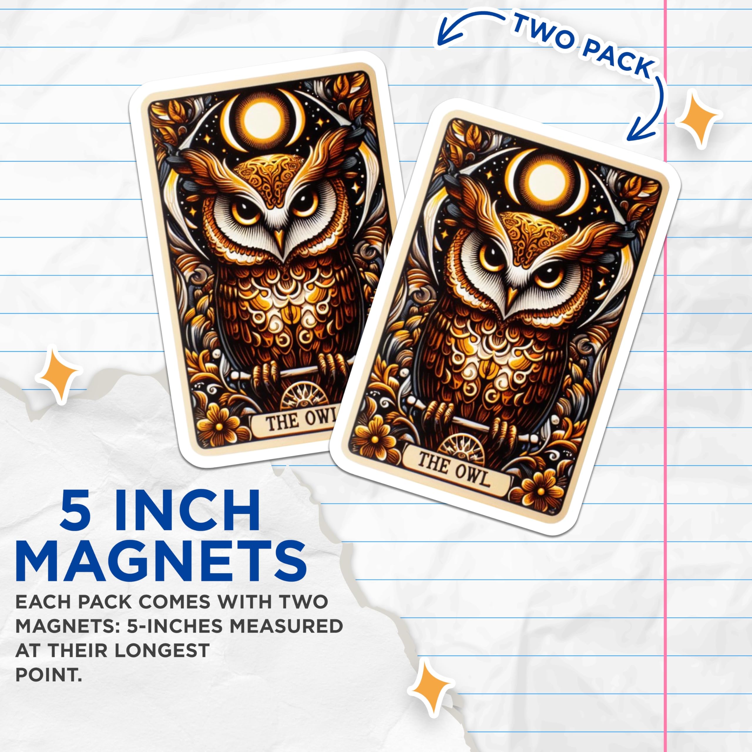 (2 Pack) Mystic Owl Magnets - Ornate Celestial Moon Stars Art - Wise Bird Refrigerator Decor - Kitchen Cabinet Accent - 5 Inches On Longest Side - Thick Durable Magnet - Made in USA - MAG21636