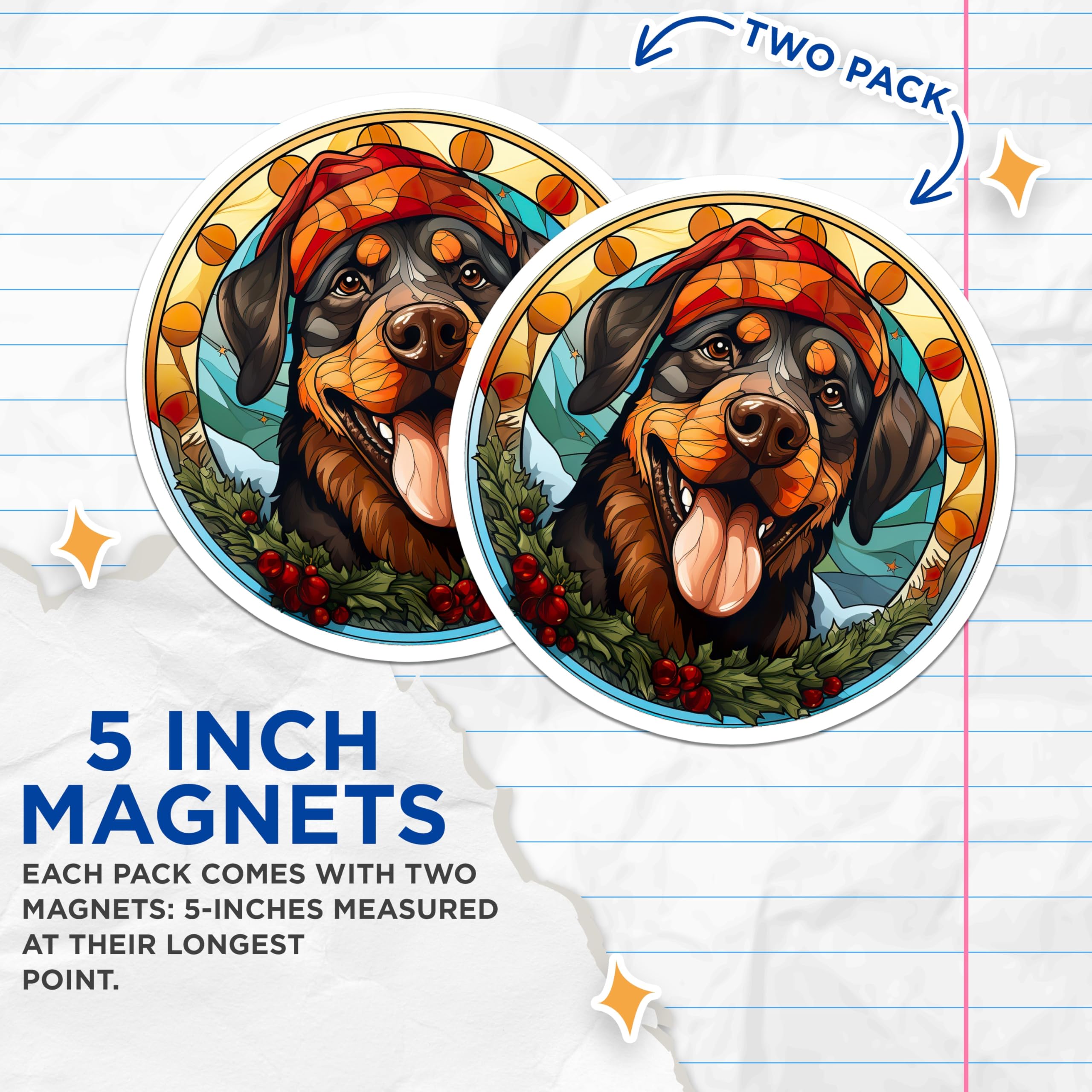 (2 Pack) Stained Glass Rottweiler Magnets - Christmas Pet Art - Winter Holiday Decor - 5 Inches On Longest Side - Thick Durable Magnet - Made in USA - MAG24773