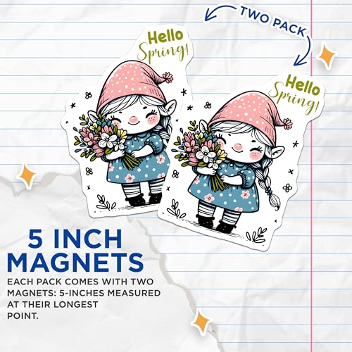 (2 Pack) Spring Gnome Magnets - Hello Spring Decor - Seasonal Decorations - 5" On Longest Side - for Cars, Fridges, Toolboxes - Made in USA - MAG8000