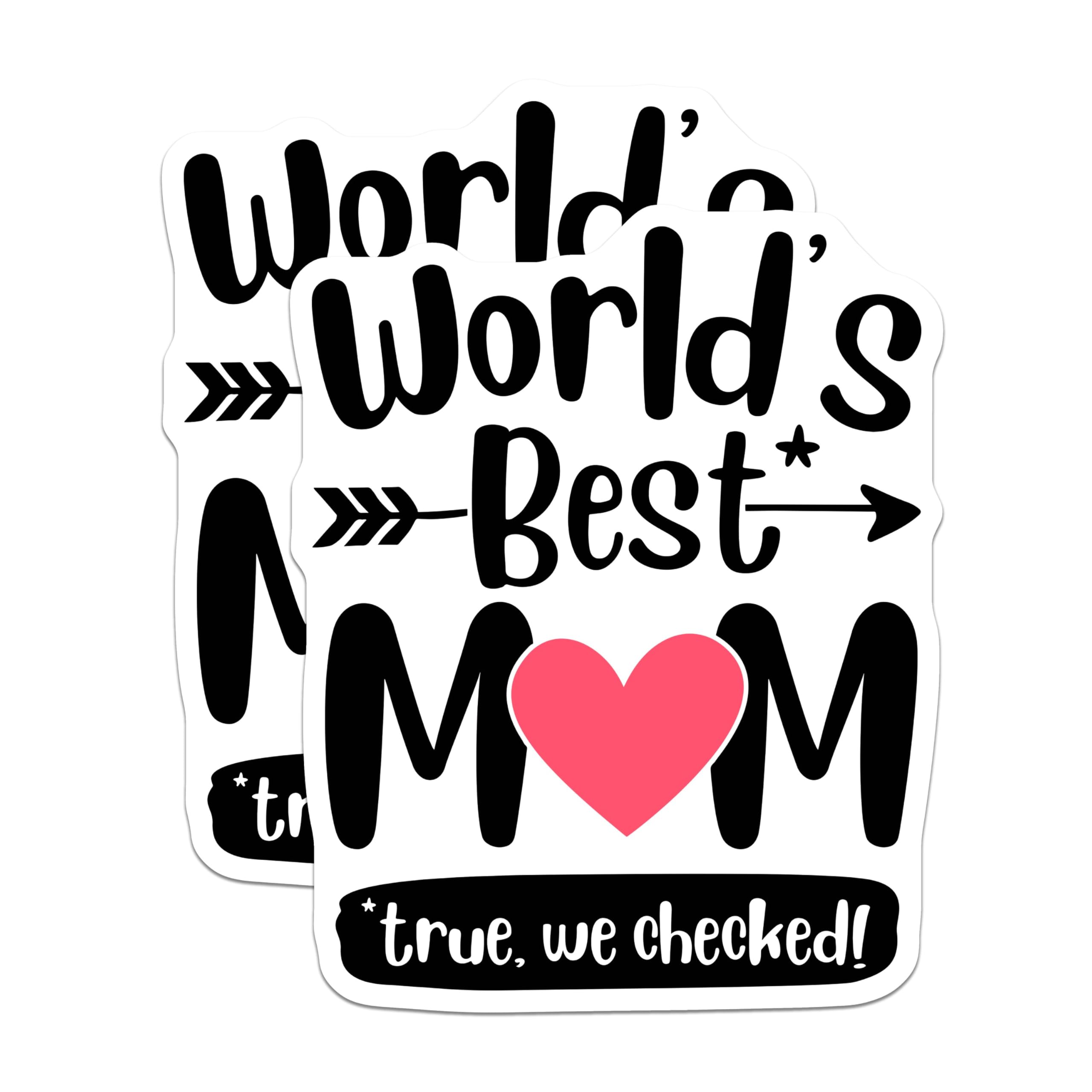 (2 Pack) World's Best Mom Stickers - Heart Design - True We Checked Decoration - 5" On Longest Side - Sticks to Smooth Flat Surfaces - Made in USA - BMCS5830