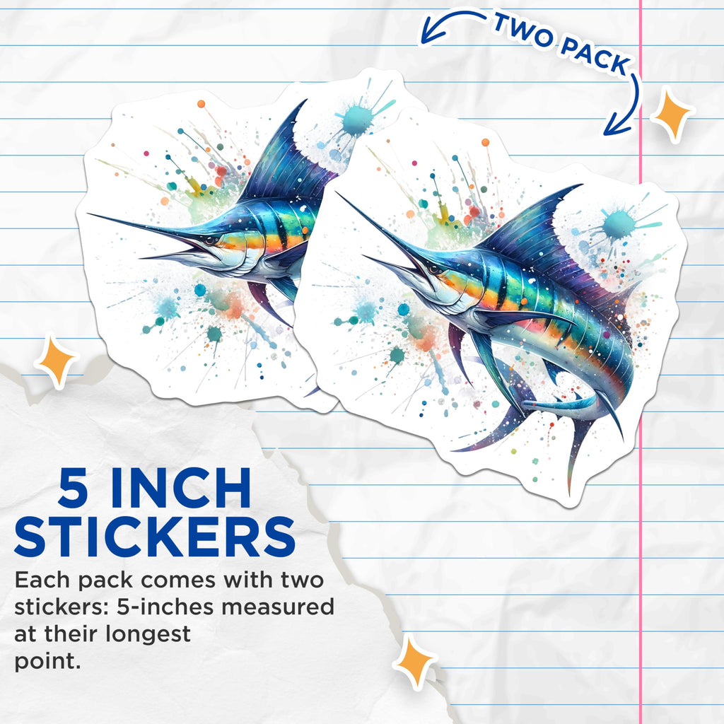 (2 Pack) Marlin Stickers - Watercolor Fish Stickers - Ocean Creature Decals - 5" On Longest Side - Sticks to Smooth Flat Surfaces - Made in USA - BMCS14800