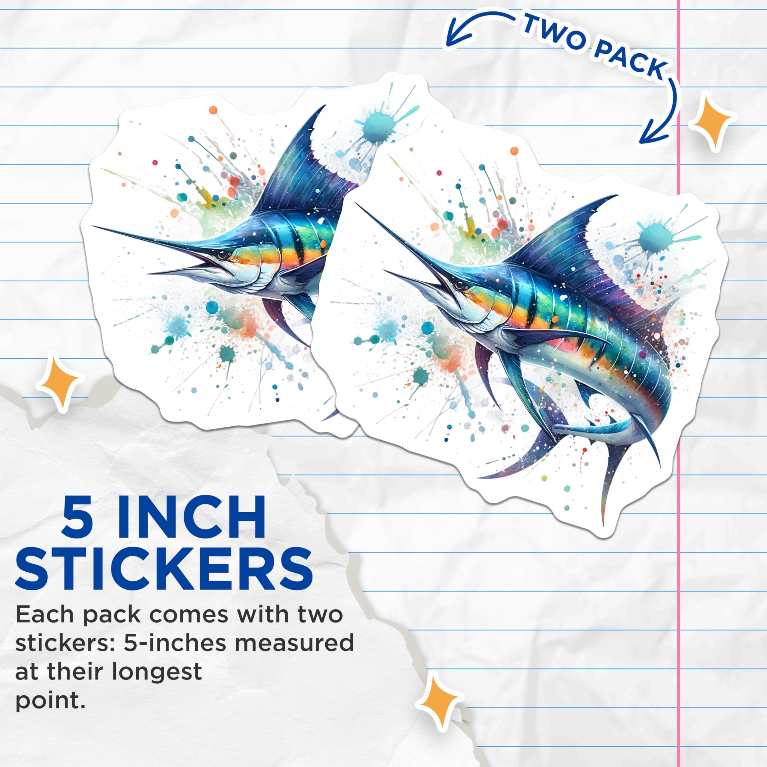 (2 Pack) Marlin Stickers - Watercolor Fish Stickers - Ocean Creature Decals - 5" On Longest Side - Sticks to Smooth Flat Surfaces - Made in USA - BMCS14800