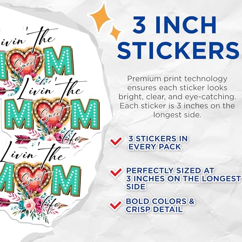 (3 Pack) Sweet Mom Life Decals - Floral Heart Decal - Arrow Decal - 3 Inches On Longest Side - Easy Peel & Apply - Made in USA - 3MCS6479