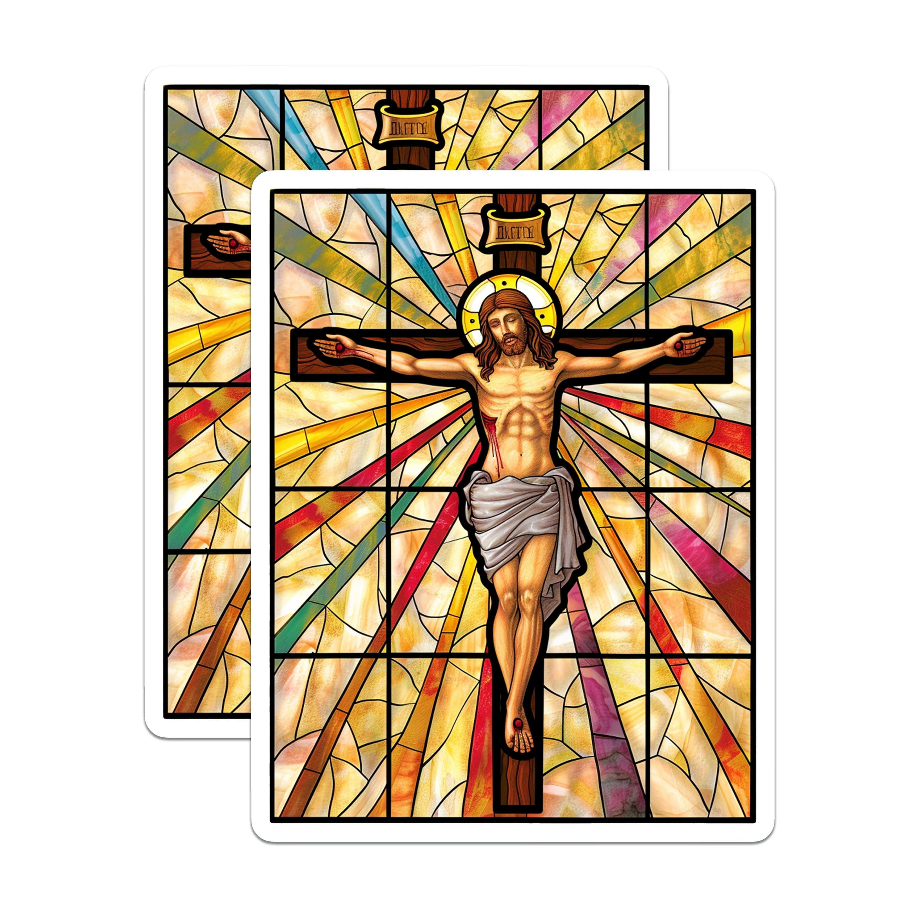 (2 Pack) Stained Glass Crucifix Magnets - Jesus Christ Religious Decor - Christian Faith Holy Week Easter Art - 5 Inches On Longest Side - Thick Durable Magnet - Made in USA - MAG37825