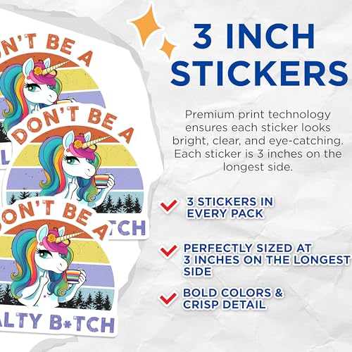 (3 Pack) Salty Unicorn Decals - Funny Animal Stickers - Offensive Laptop Decal - 3 Inches On Longest Side - Easy Peel & Apply - Made in USA - 3MCS6574
