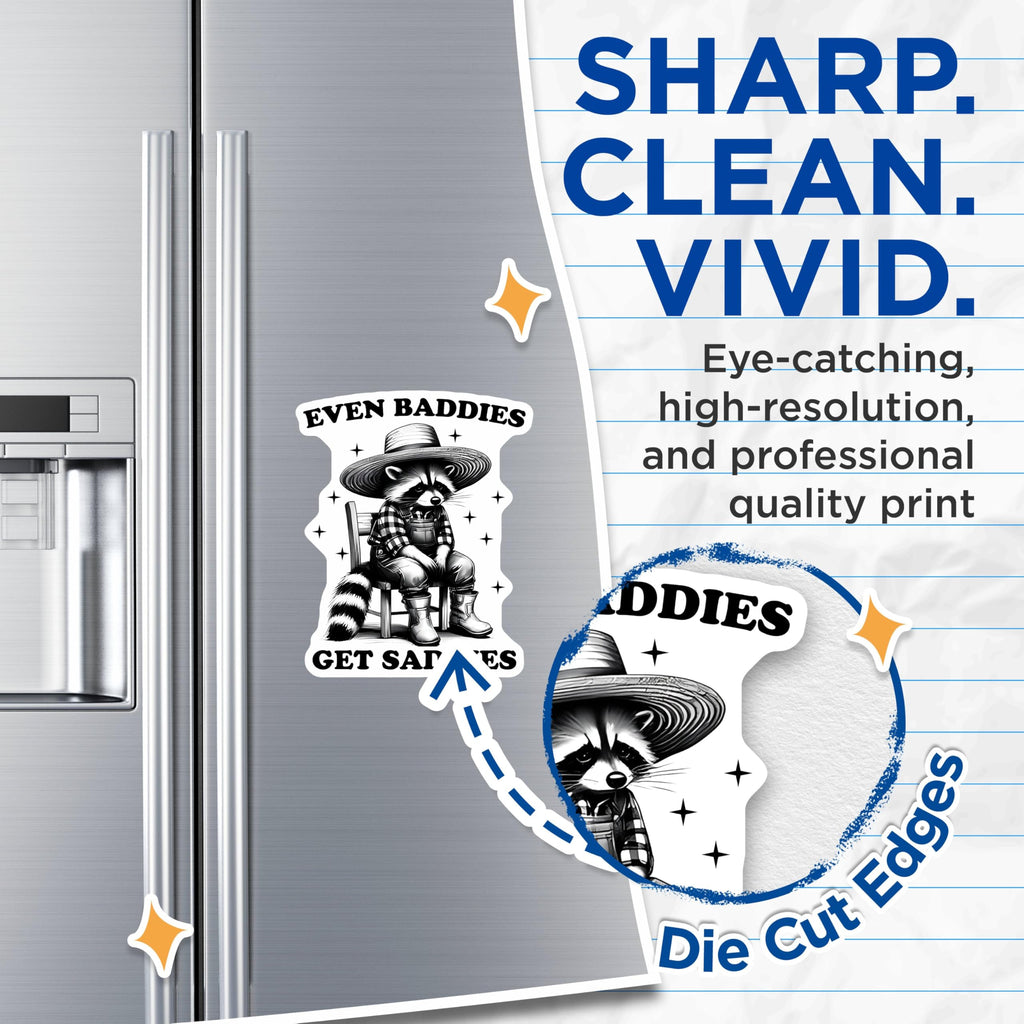 (2 Pack) Even Baddies Get Saddies Magnets - Funny Animal Quotes - Cute Raccoon Art - Rustic Magnets - 5" On Longest Side - for Cars, Fridges, Toolboxes - Made in USA - MAG3738