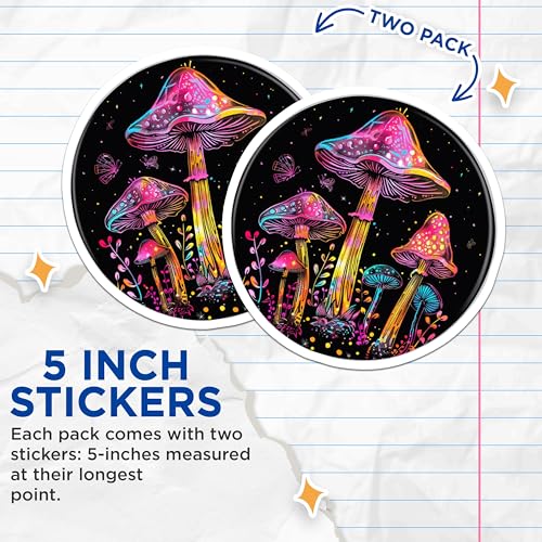 (2 Pack) Psychedelic Mushroom Stickers - Trippy Fungus Decor - Vibrant Forest Art - 5" On Longest Side - Sticks to Smooth Flat Surfaces - Made in USA - BMCS6535